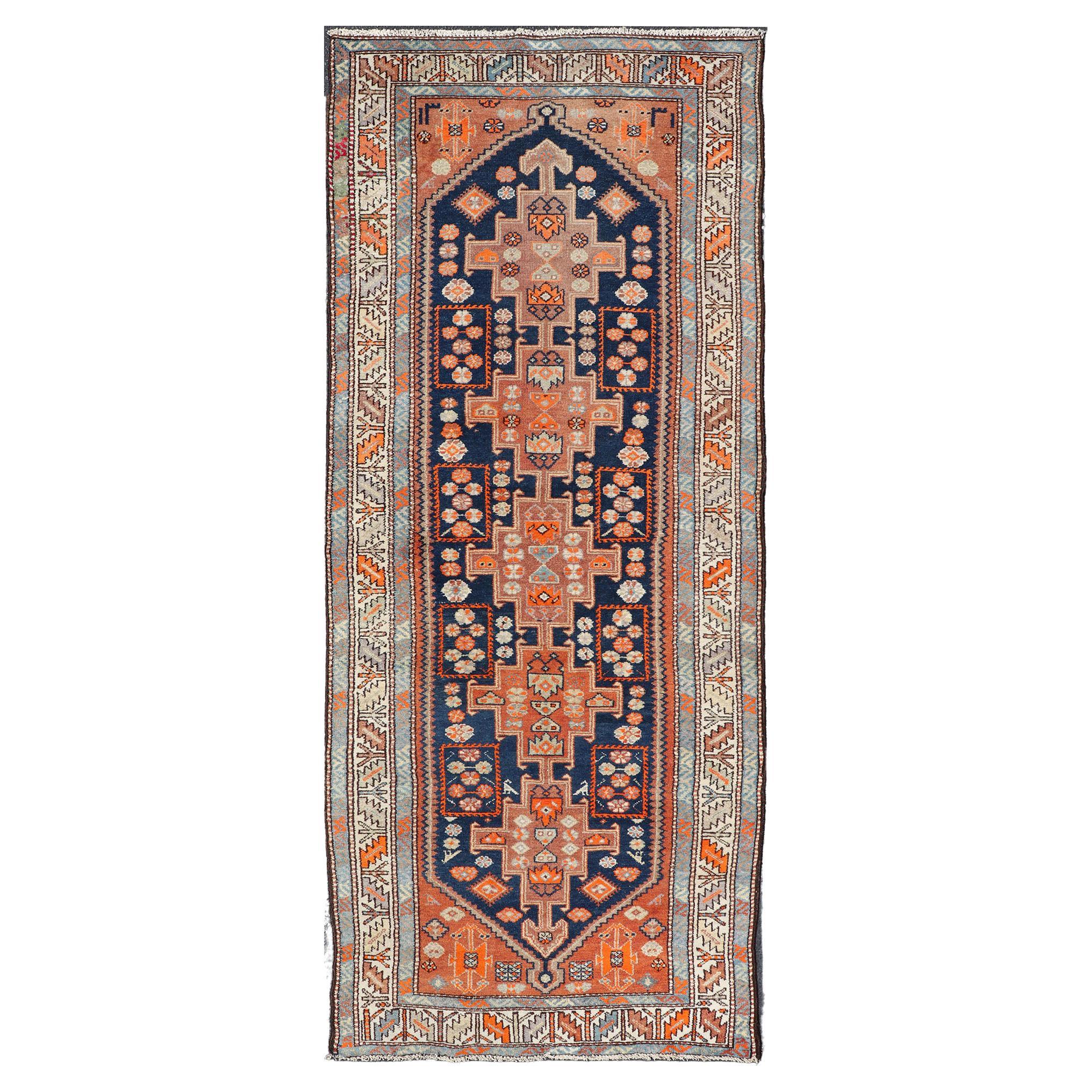Vintage Hand Knotted Persian Malayer Runner with Sub-Geometric Medallion Design For Sale