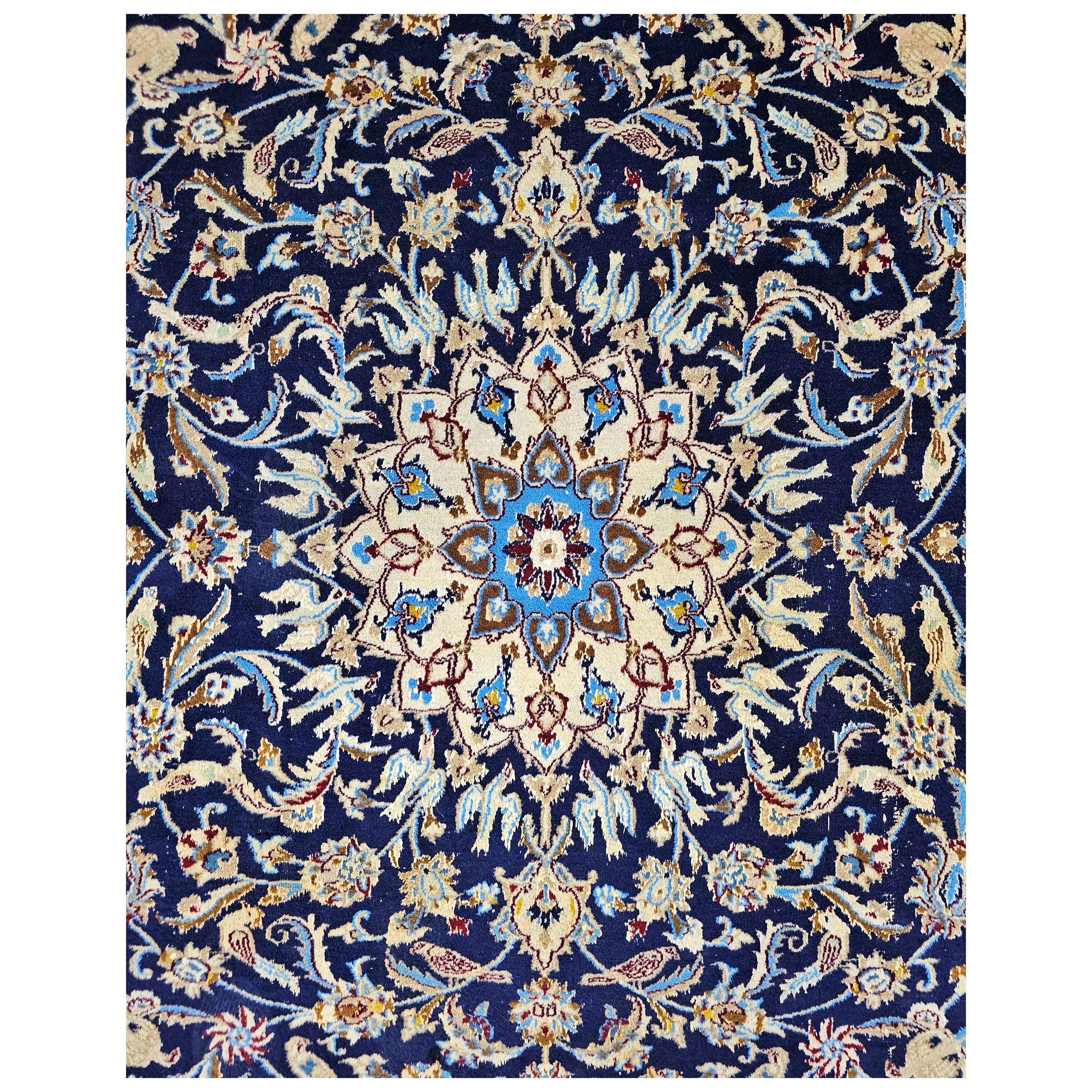 Tapis persan vintage noué à la main, motif « Nain », 100 % laine, bleu marine et crème en vente