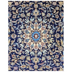 Tapis persan vintage noué à la main, motif « Nain », 100 % laine, bleu marine et crème