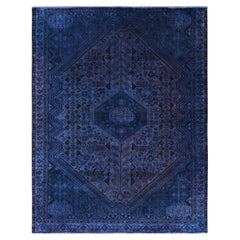 Vintage Hand Knotted Persian Shiraz with Overdyed Navy Blue Cast Worn Wool Rug