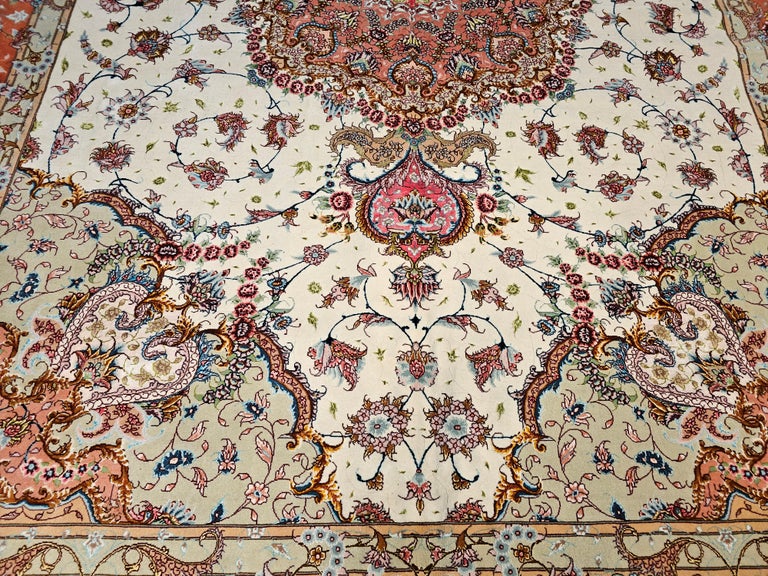 Tapis persan Kashan vintage rouge champagne, noué à la main, en laine usée et vieillie - En