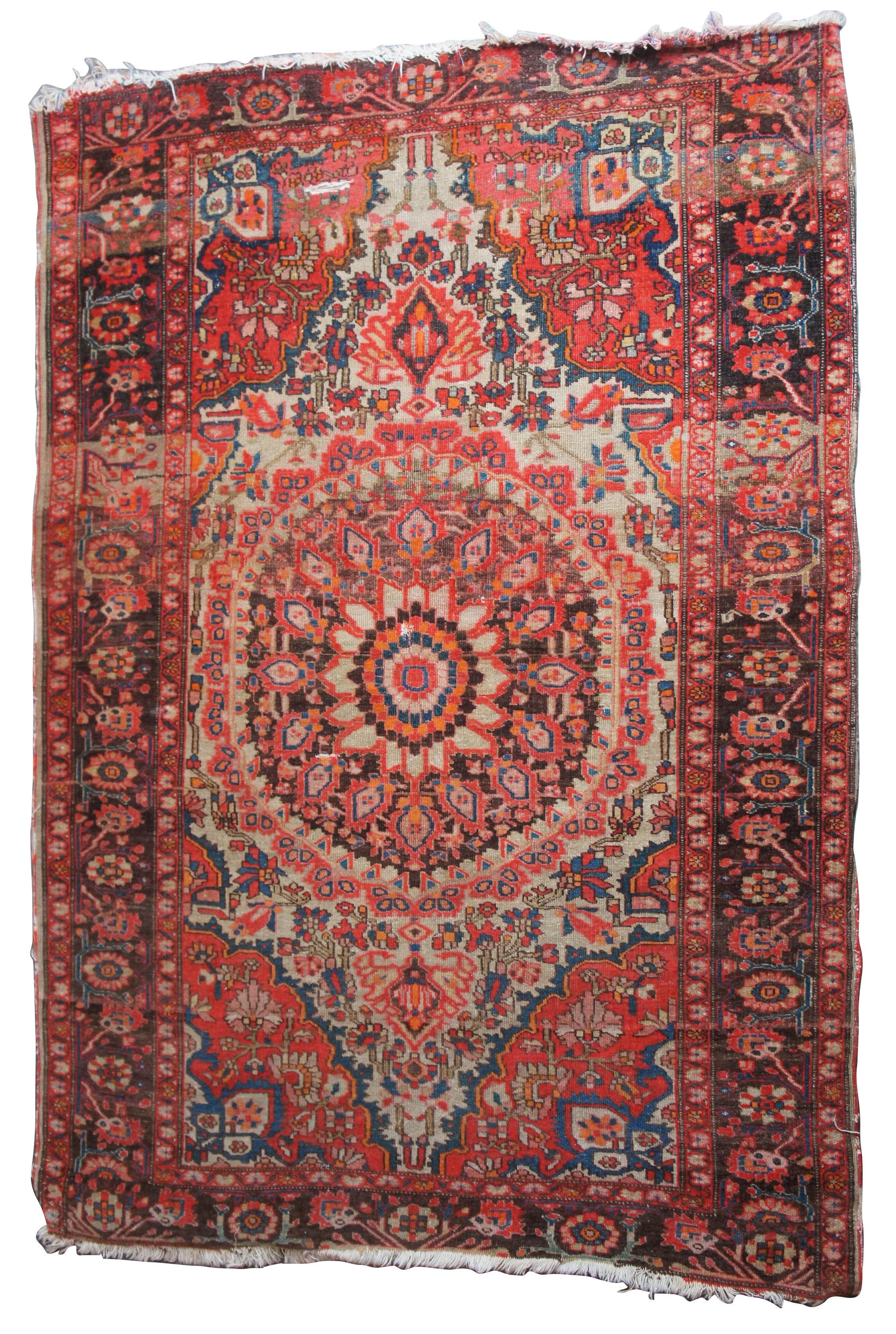 Vintage hand knotted Persian wool Kashmar prayer rug mat red orange blue, measures: 56