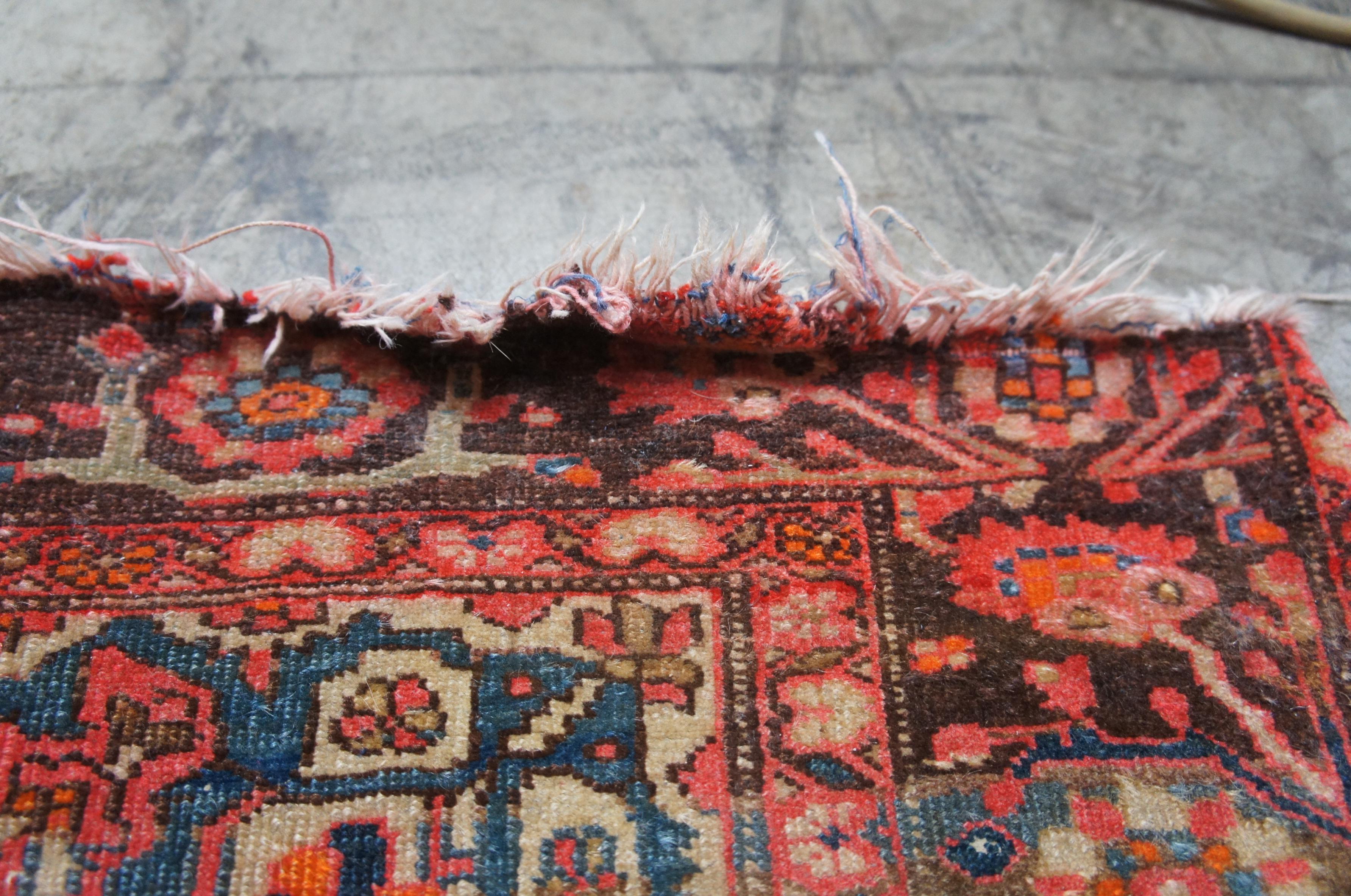 Islamic Vintage Hand Knotted Persian Wool Kashmar Prayer Rug Mat Red Orange Blue For Sale
