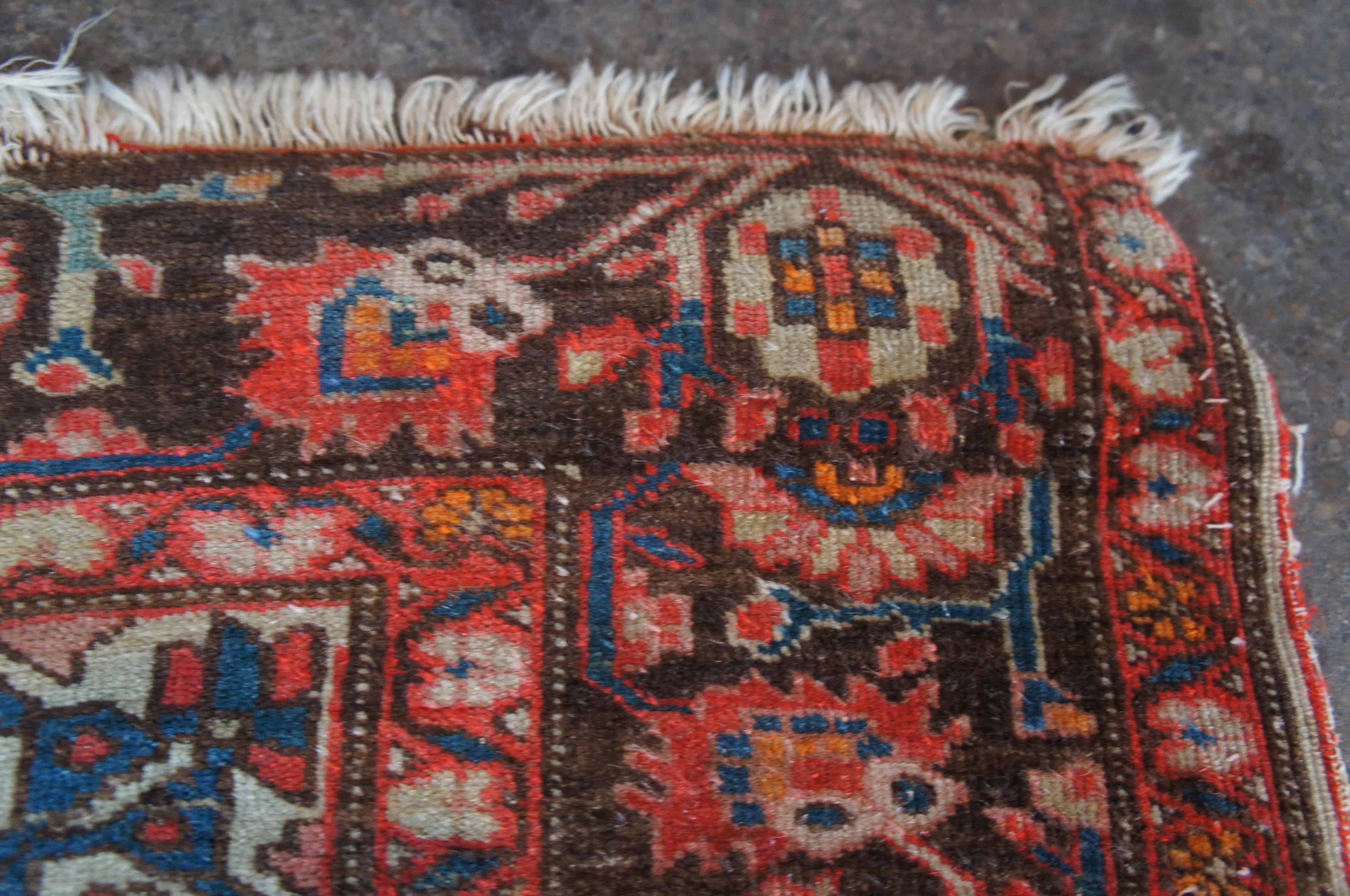 Vintage Hand Knotted Persian Wool Kashmar Prayer Rug Mat Red Orange Blue For Sale 1