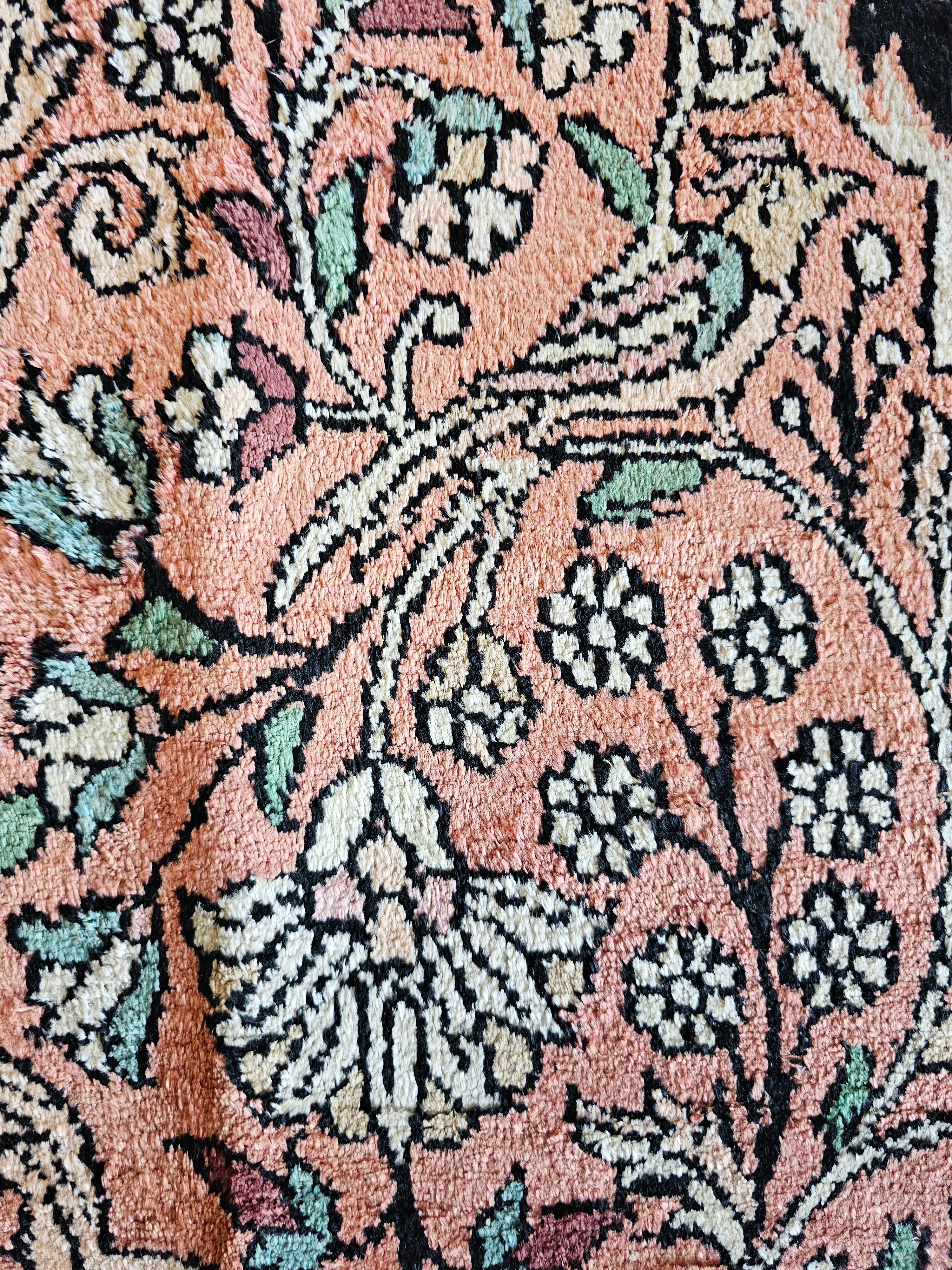 Tribal Vintage Hand-Knotted Pink Silk Kasmir Rug with Floral pattern Pakistan 1950s For Sale