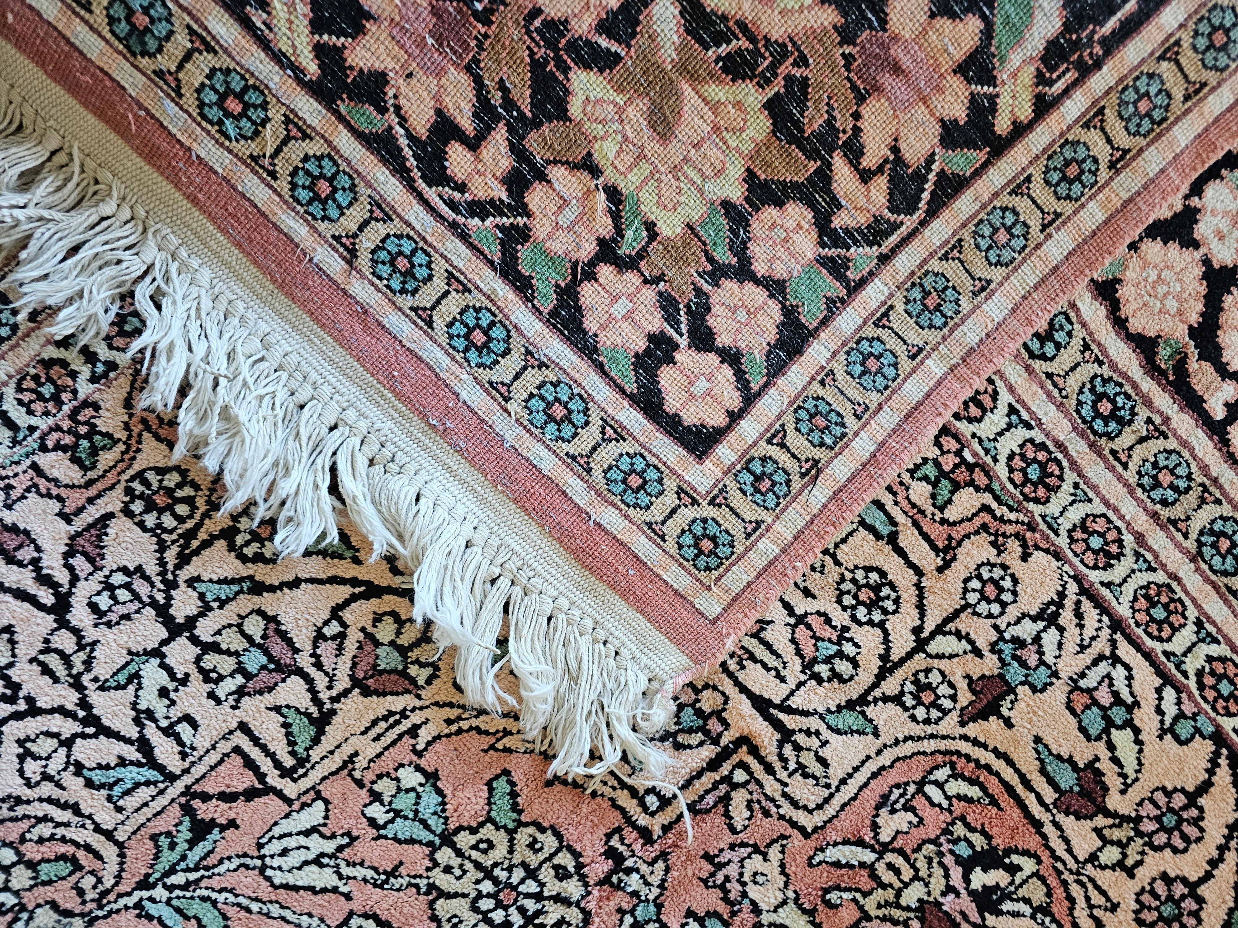 Cotton Vintage Hand-Knotted Pink Silk Kasmir Rug with Floral pattern Pakistan 1950s For Sale
