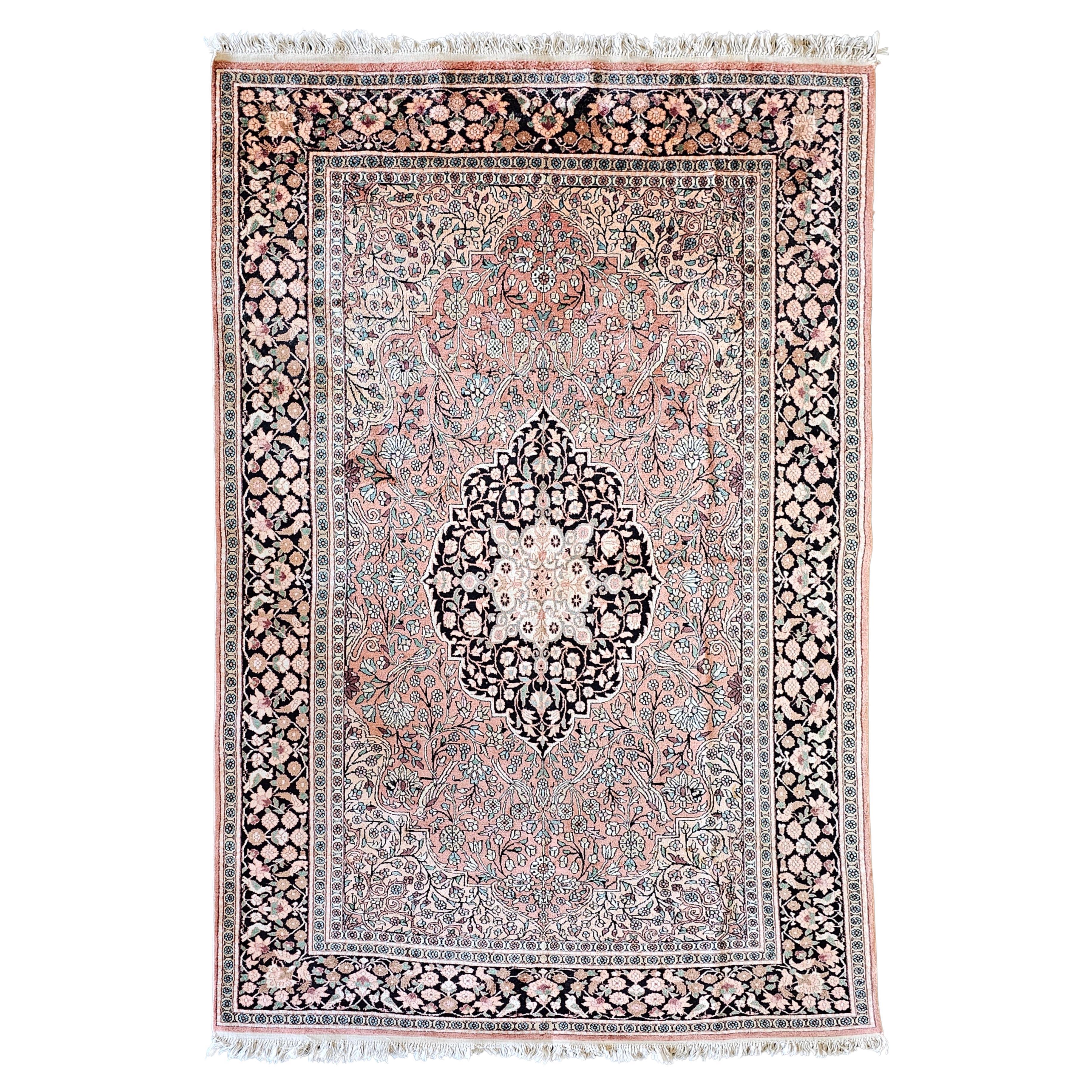 Vintage Hand-Knotted Pink Silk Kasmir Rug with Floral pattern Pakistan 1950s For Sale