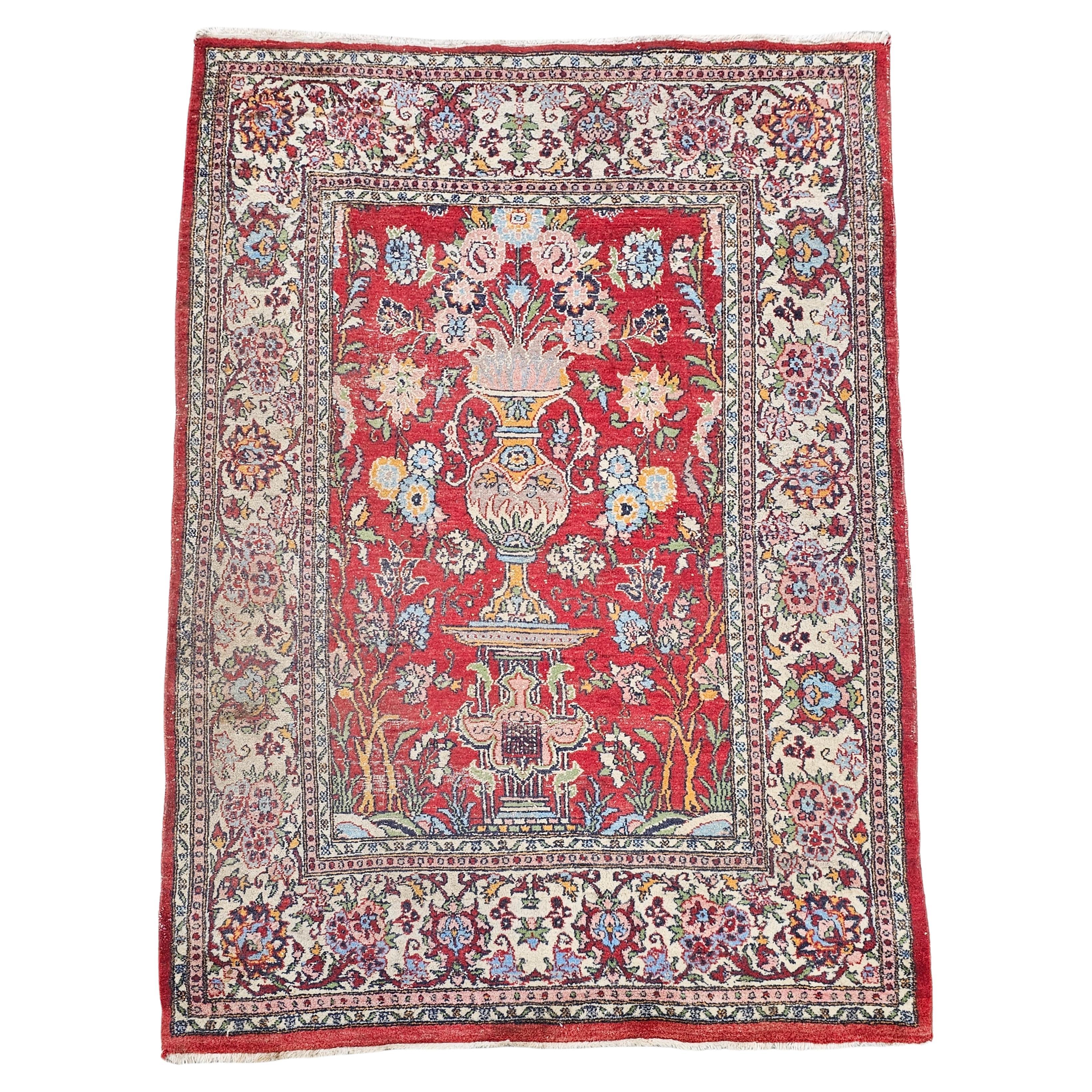 Vintage Hand-knotted Qom or Ghoum Persian Rug with Floral Motif, Iran 1930s