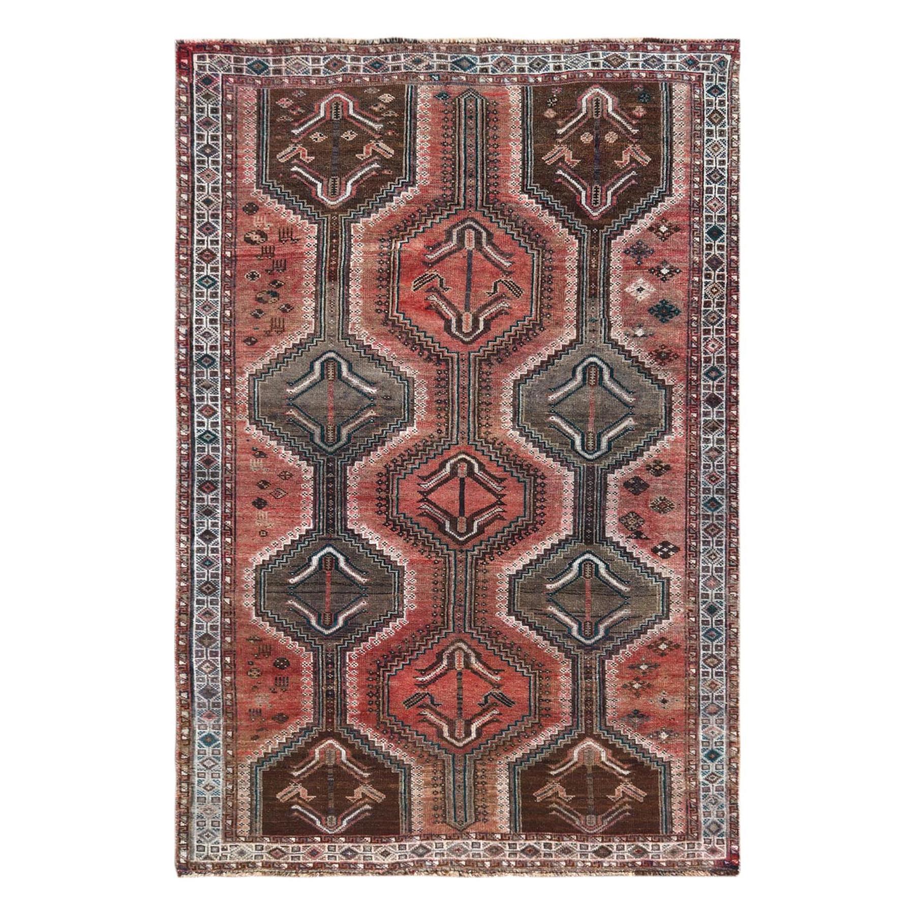 Vintage Hand Knotted Red Persian Qashqai Sheared Down Pile Wool Hand Knotted Rug For Sale