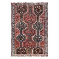 Retro Hand Knotted Red Persian Qashqai Sheared Down Pile Wool Hand Knotted Rug