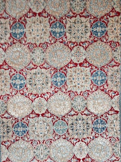 Vintage hand-knotted rug in cream, red and blue wool and silk, 1960s