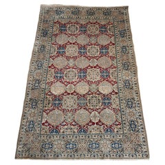 Vintage hand-knotted rug in cream, red and blue wool and silk, 1960s