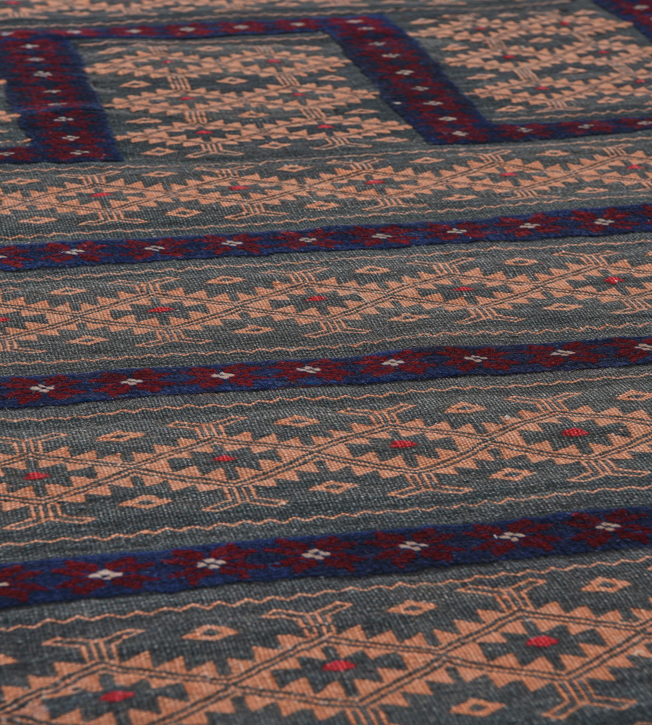 20th Century Vintage Hand-Knotted Steel-Blue and Dusty-Pink Wool Persian Baloch Flatweave Rug For Sale