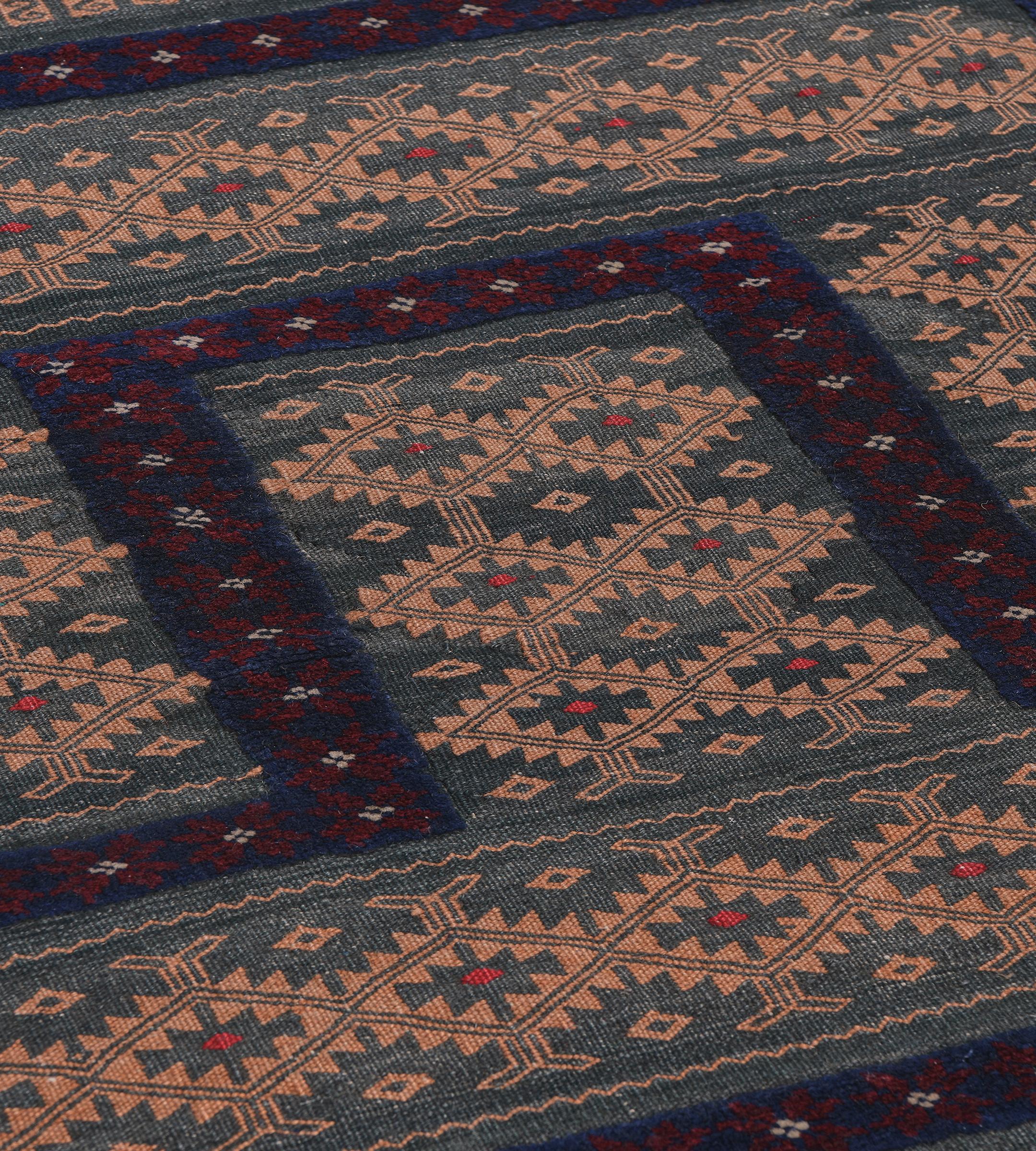 Vintage Hand-Knotted Steel-Blue and Dusty-Pink Wool Persian Baloch Flatweave Rug For Sale 1