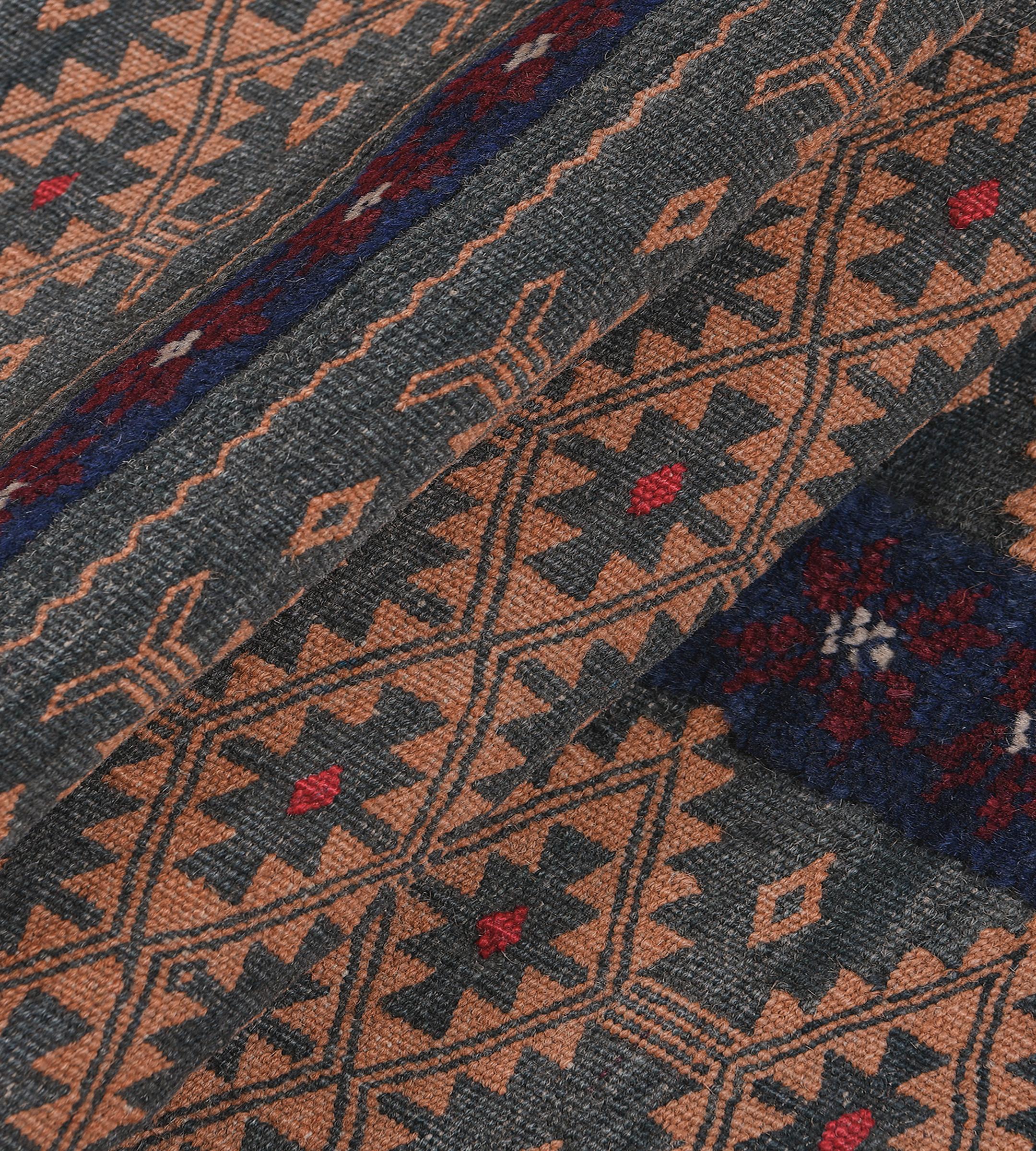 Vintage Hand-Knotted Steel-Blue and Dusty-Pink Wool Persian Baloch Flatweave Rug For Sale 2
