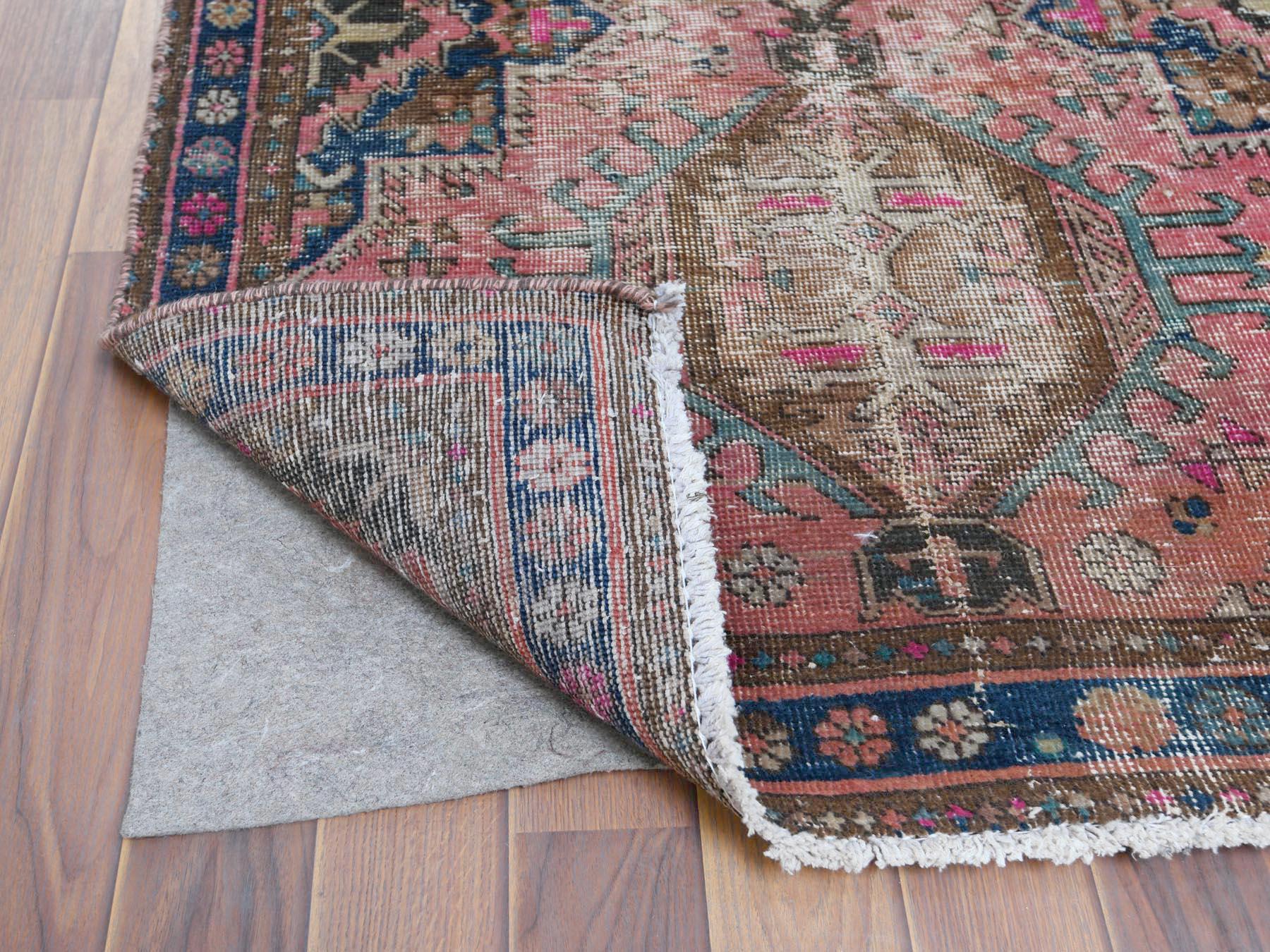 Medieval Vintage Hand Knotted Sun-Faded Pink Persian Karajeh Sheared Low Pure Wool Rug For Sale