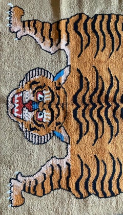 Vintage Hand Knotted Tibetan Tiger Rug from Wool