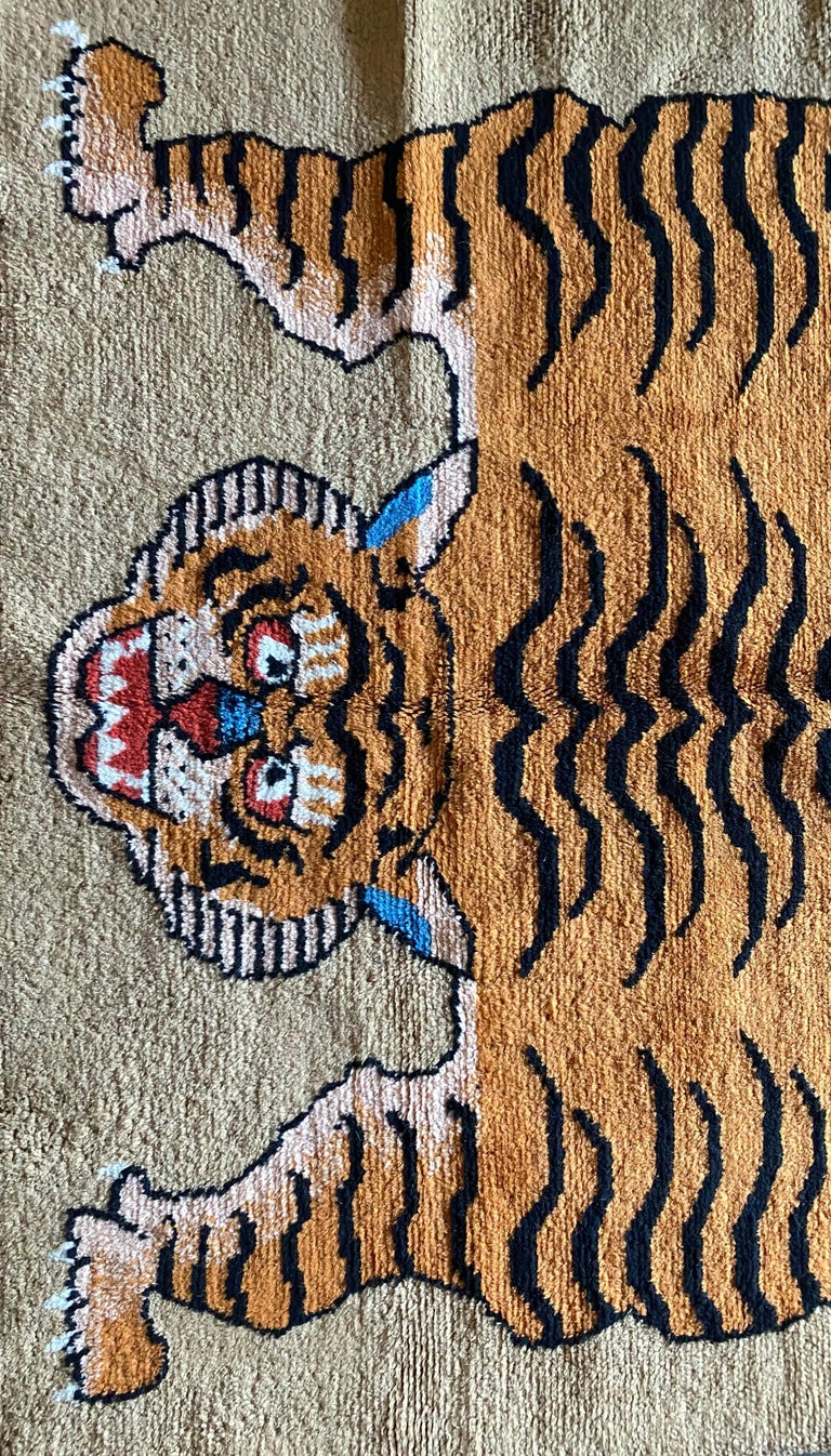 Vintage Hand Knotted Tibetan Tiger Rug from Wool at 1stDibs