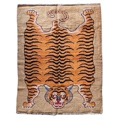 Vintage Hand Knotted Tibetan Tiger Rug from Wool