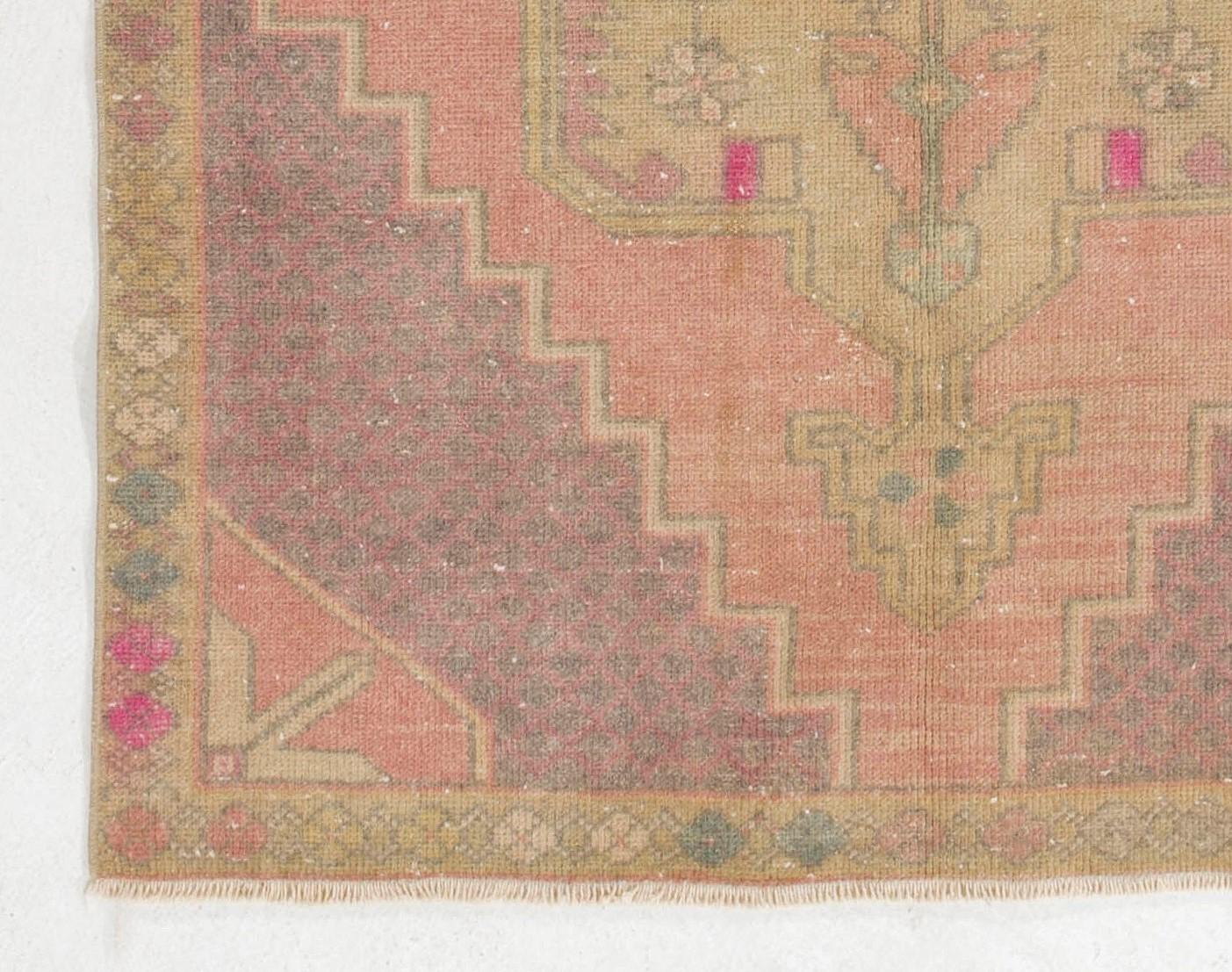 Tribal Vintage Hand Knotted Turkish Area Rug in Pink with Geometric Design. 4'4