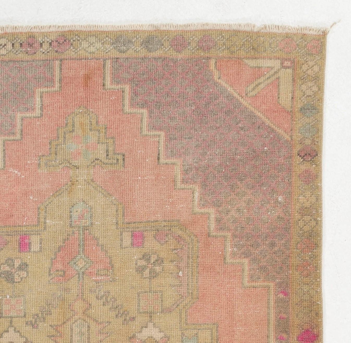 Hand-Knotted Vintage Hand Knotted Turkish Area Rug in Pink with Geometric Design. 4'4