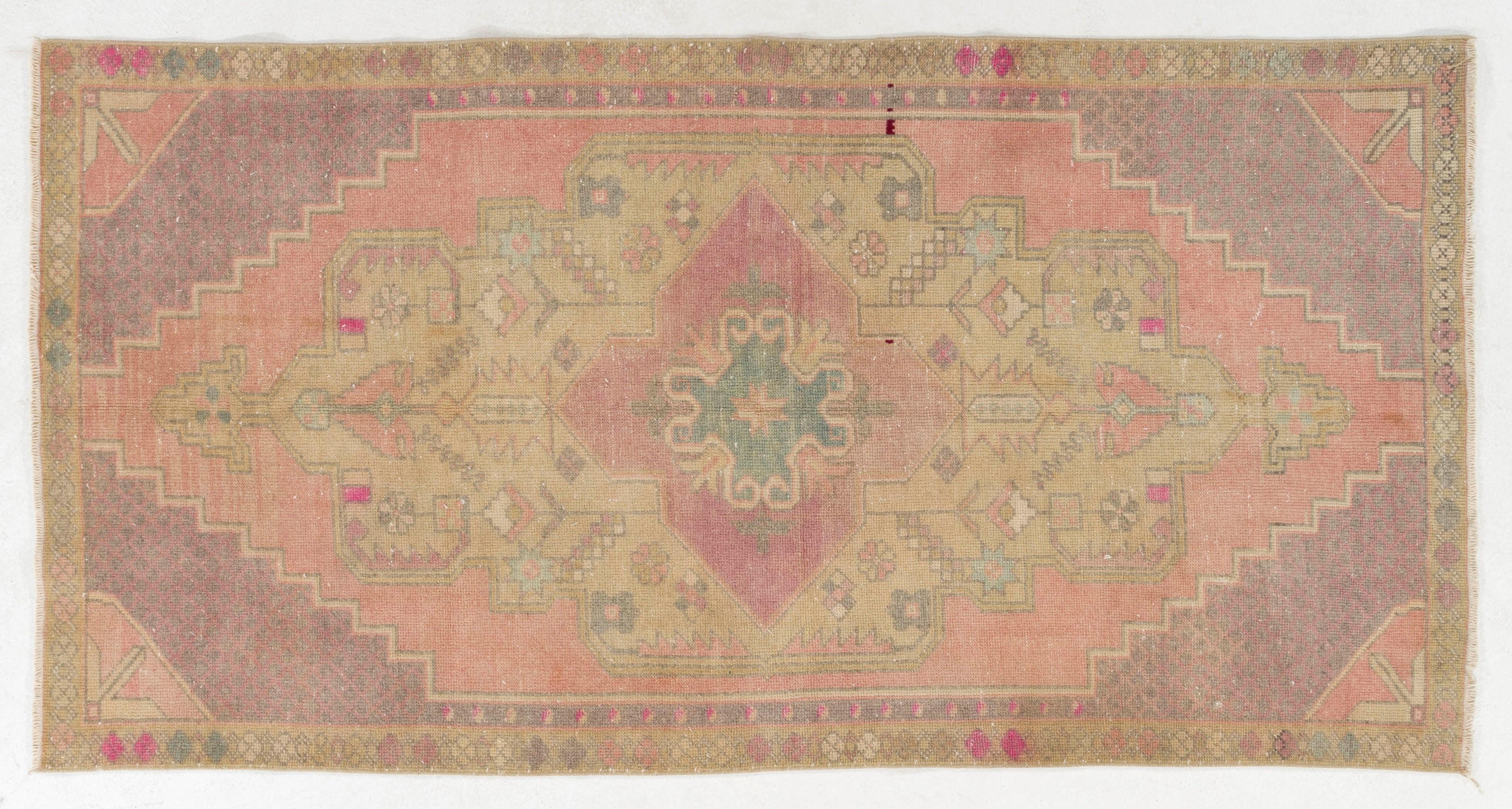 Vintage Hand Knotted Turkish Area Rug in Pink with Geometric Design. 4'4