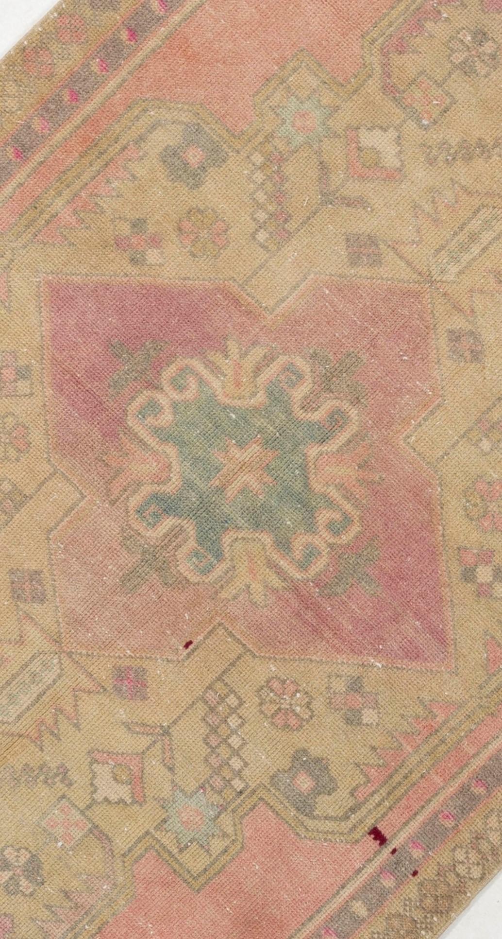 Mid-20th Century Vintage Hand Knotted Turkish Area Rug in Pink with Geometric Design. 4'4