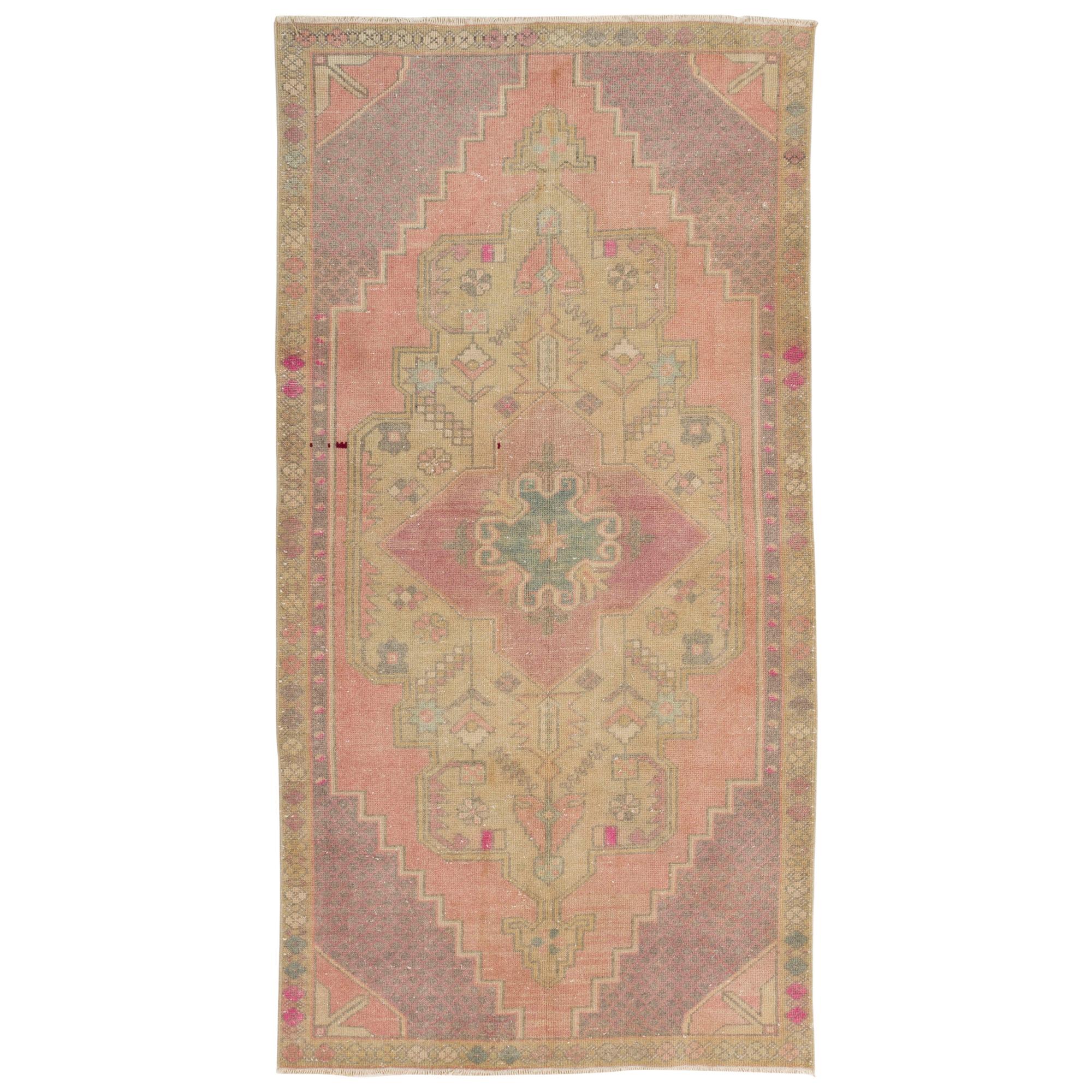 Vintage Hand Knotted Turkish Area Rug in Pink with Geometric Design. 4'4" x 8'4"