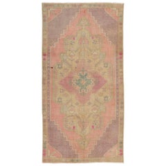 Vintage Hand Knotted Turkish Area Rug in Pink with Geometric Design. 4'4" x 8'4"