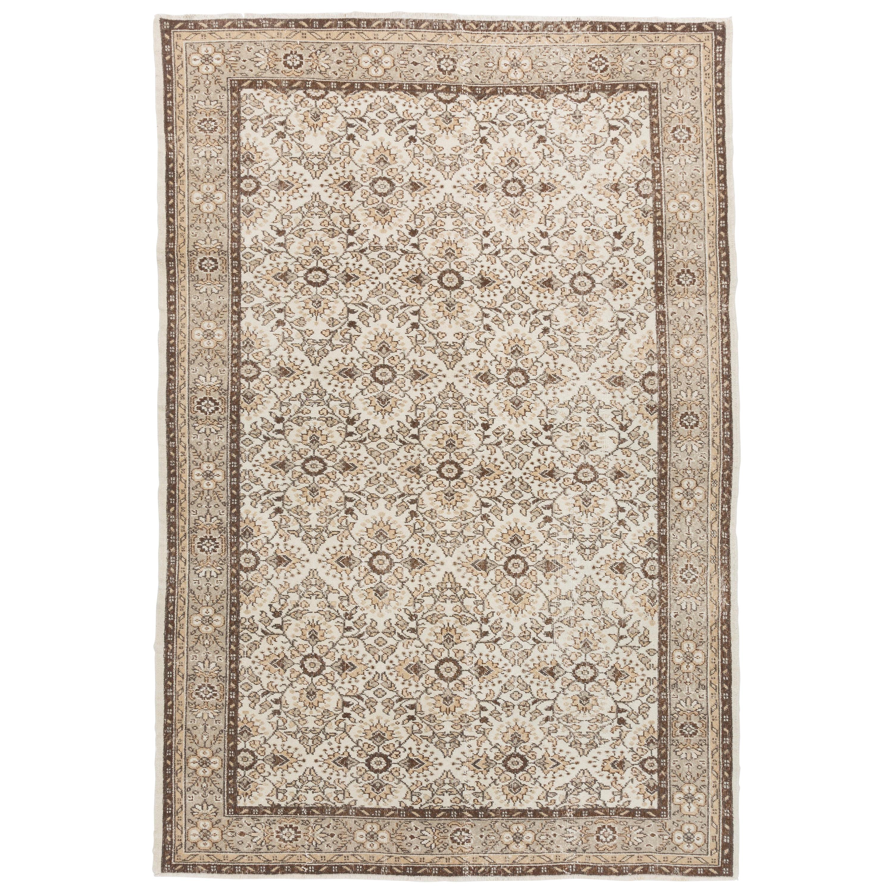 6.7x9.8 Ft Vintage Hand-Knotted Turkish Area Rug. Neutral Colors. Floral Design