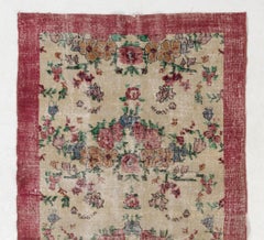 3.8x6.8 Ft Handmade Anatolian Floral Rug in Red & Beige with Low Wool Pile
