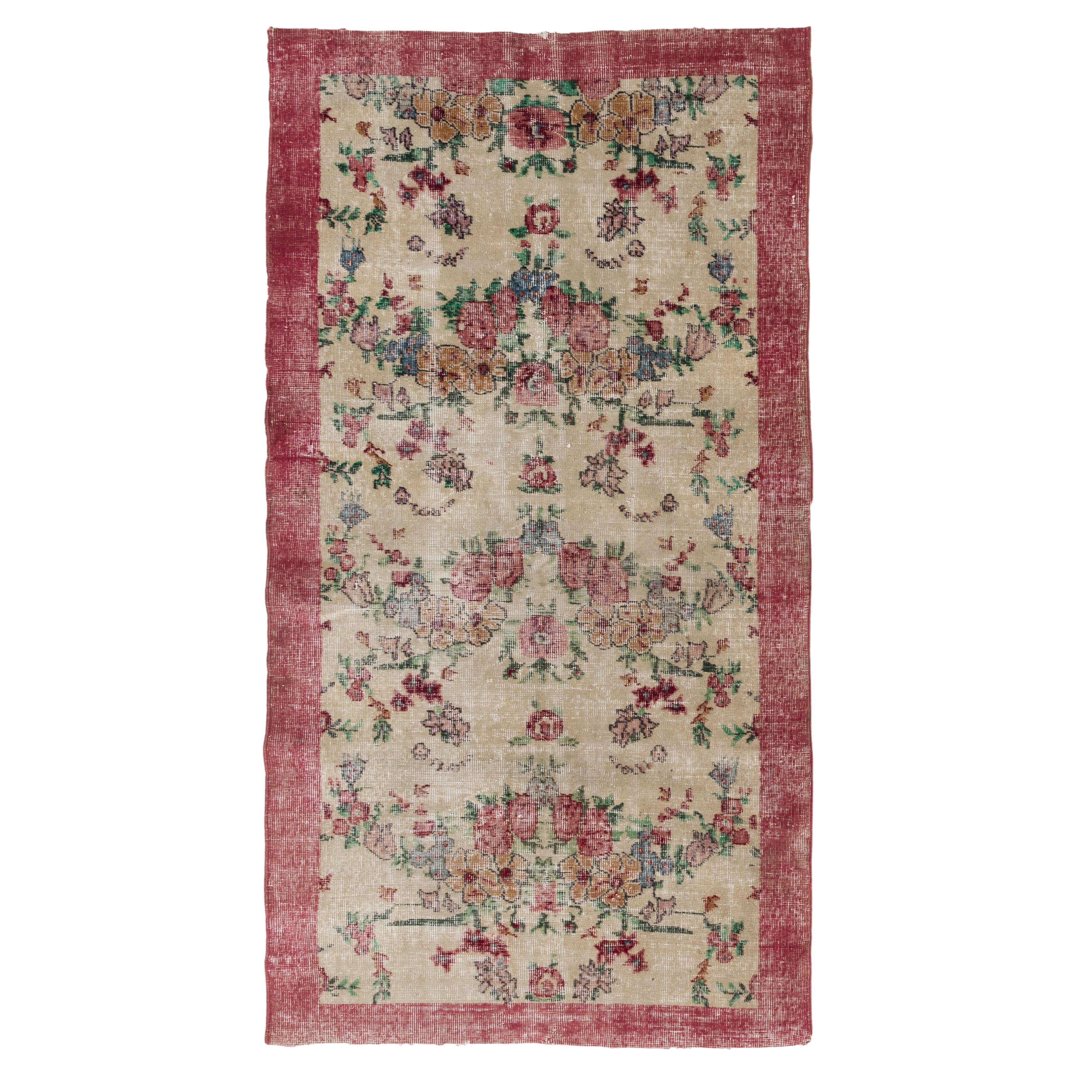 3.8x6.8 Ft Handmade Anatolian Floral Rug in Red & Beige with Low Wool Pile 