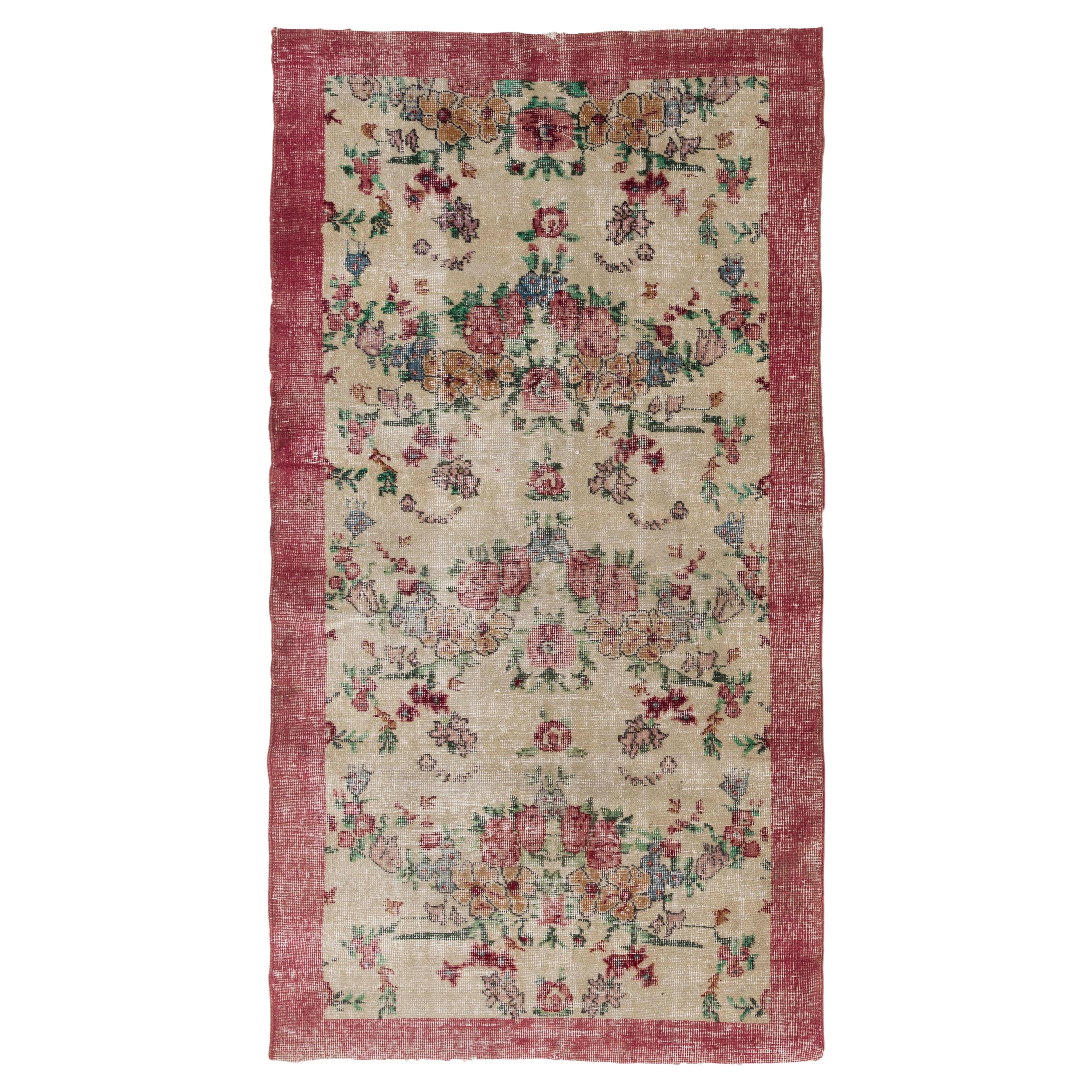 3.8x6.8 Ft Handmade Anatolian Floral Rug in Red & Beige with Low Wool Pile