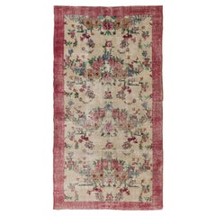Retro 3.8x6.8 Ft Handmade Anatolian Floral Rug in Red & Beige with Low Wool Pile 