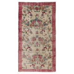 Vintage 3.8x6.8 Ft Handmade Anatolian Floral Rug in Red & Beige with Low Wool Pile