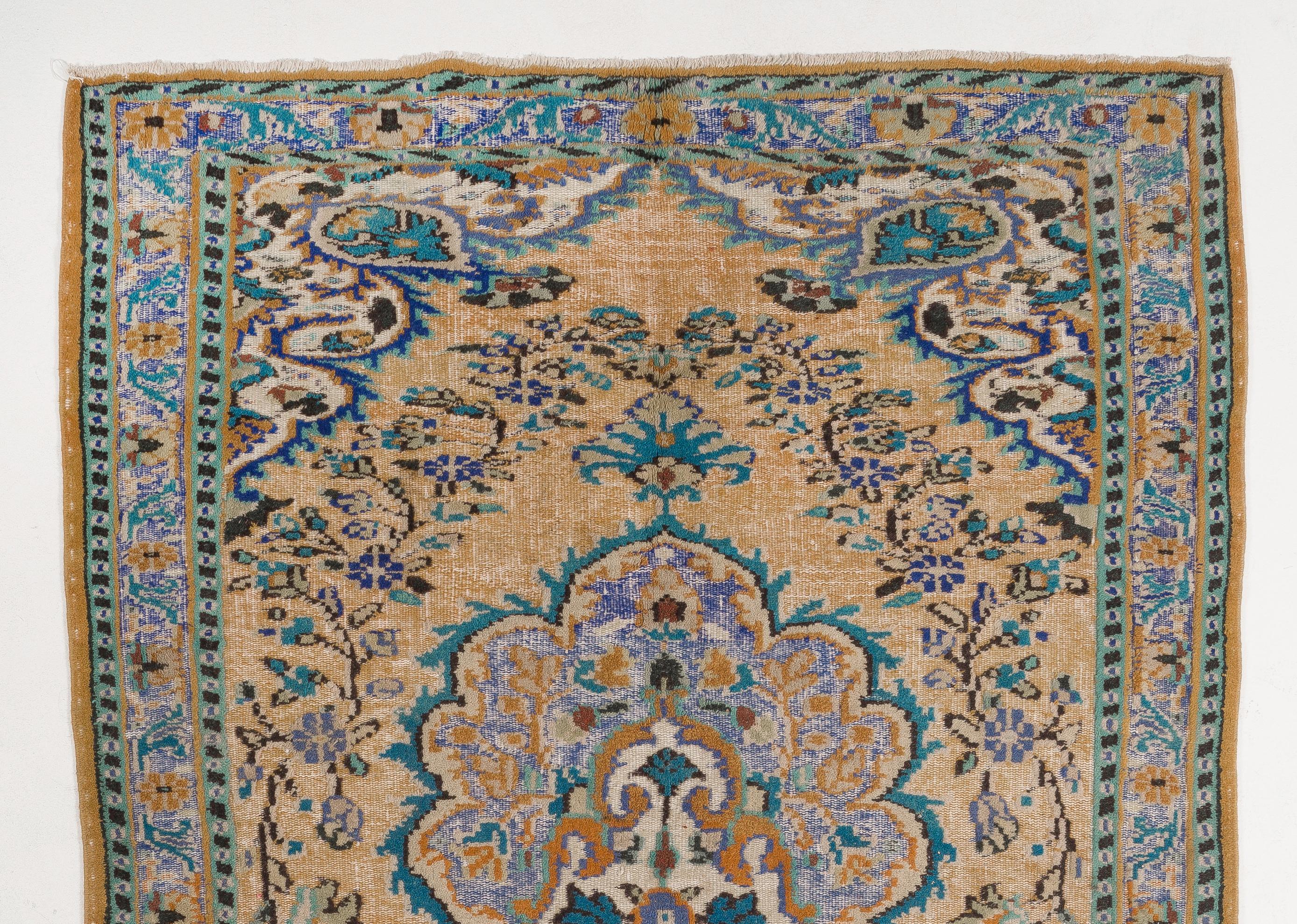 Hand-Woven Vintage Hand Knotted Turkish High and Low Pile Rug with a Medallion Design