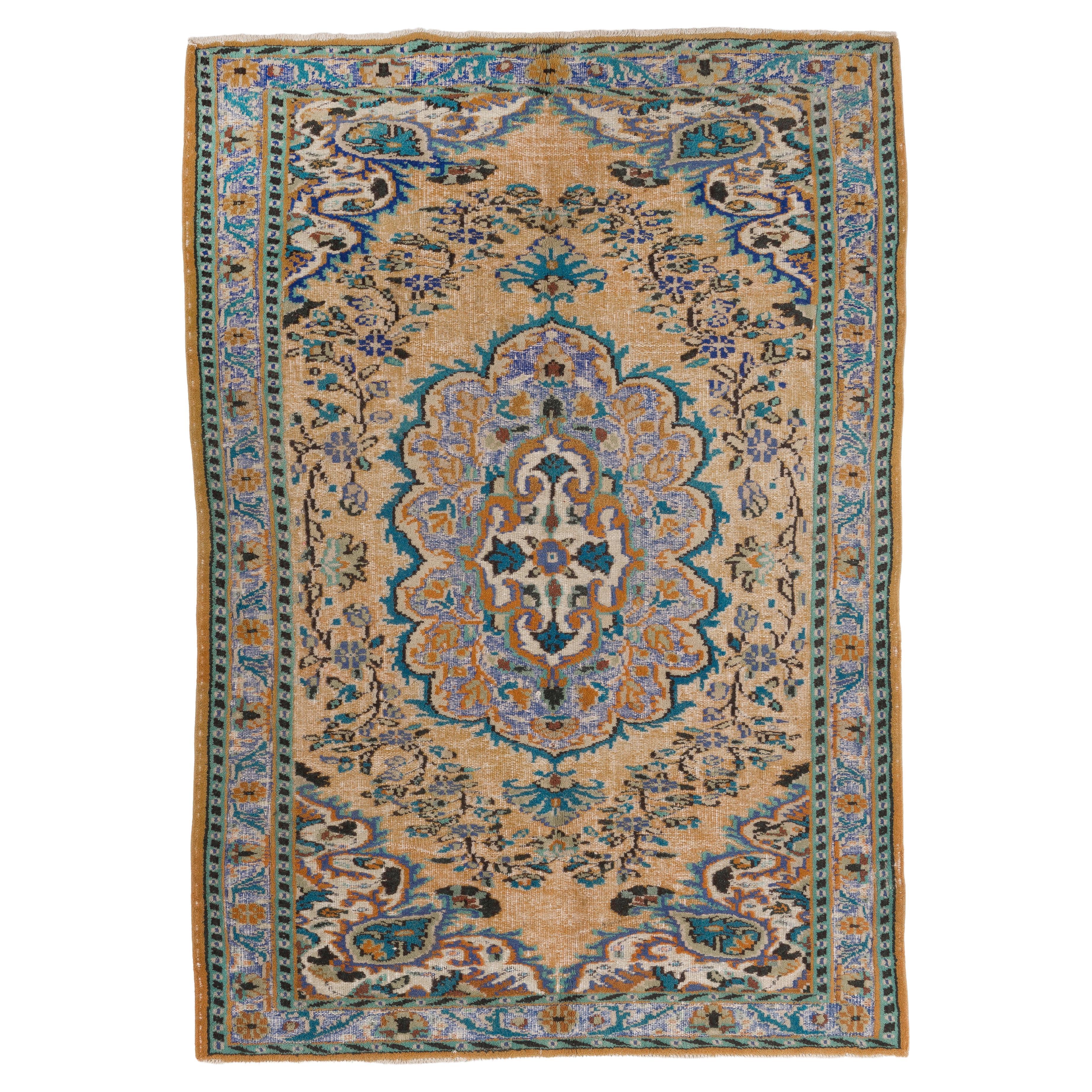 5.7x8 Ft Vintage Hand-Knotted Turkish High  Low Pile Rug with Medallion Design For Sale