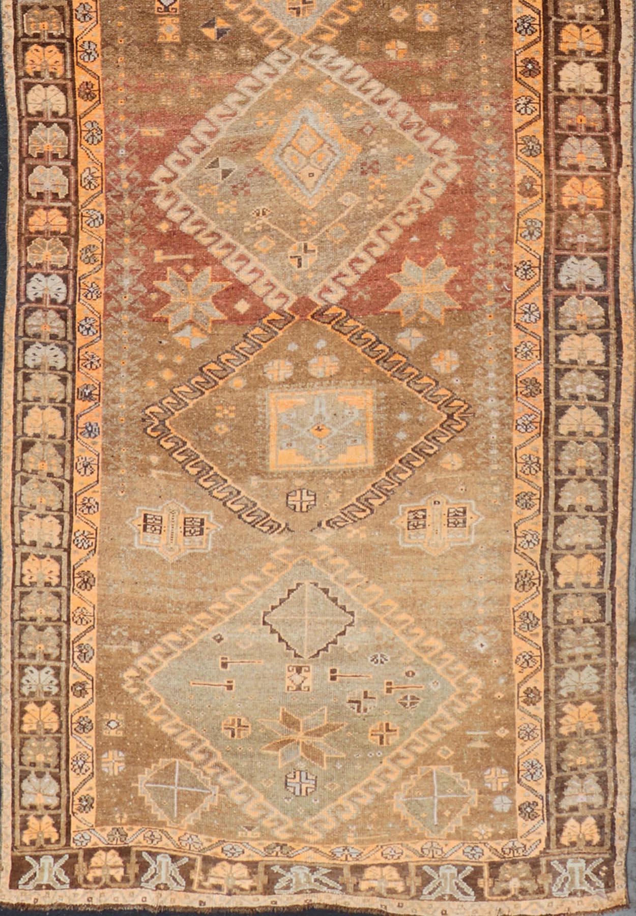 Vintage Hand Knotted Turkish Kars Gallery Rug in Wool with Diamond Design For Sale 1