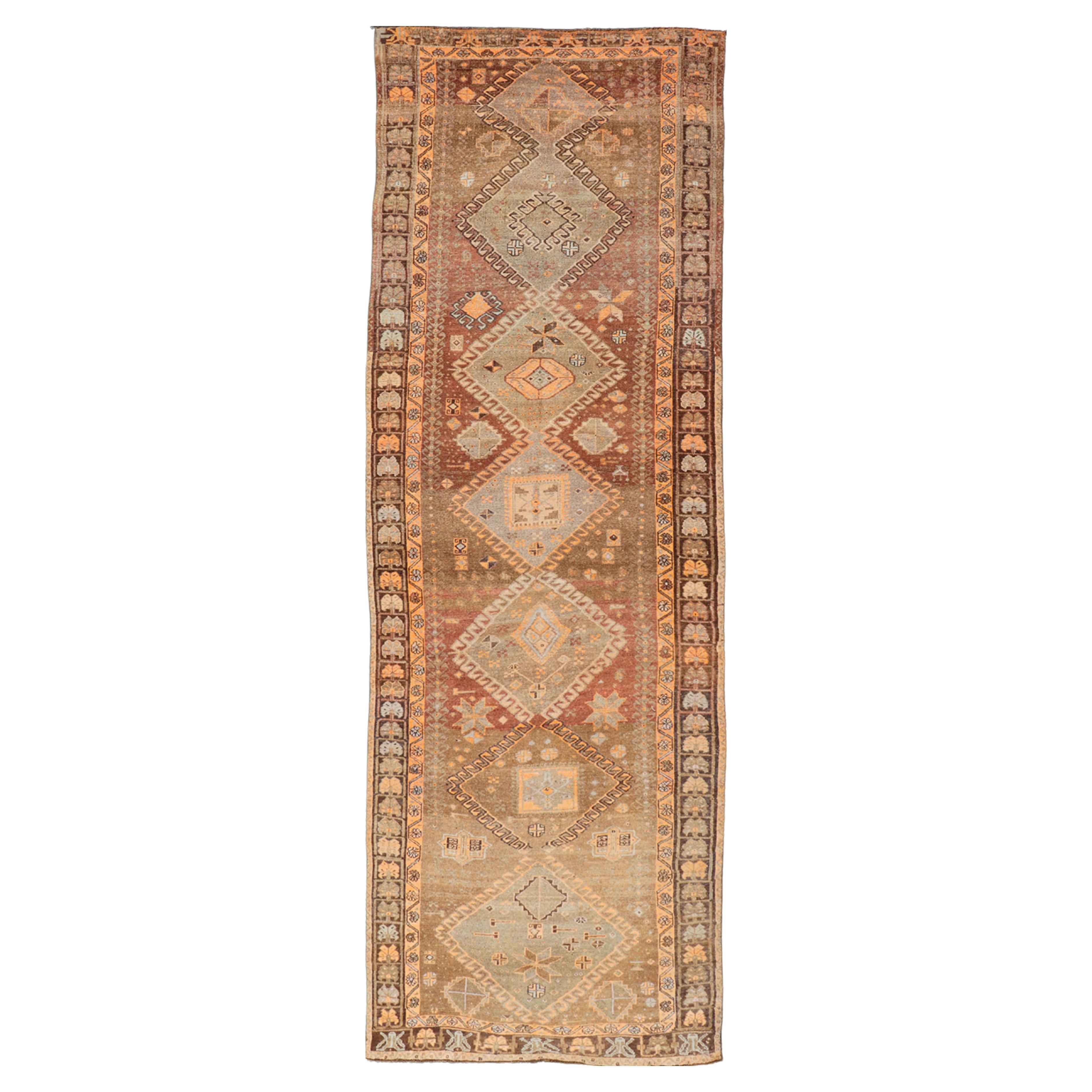 Vintage Hand Knotted Turkish Kars Gallery Rug in Wool with Diamond Design