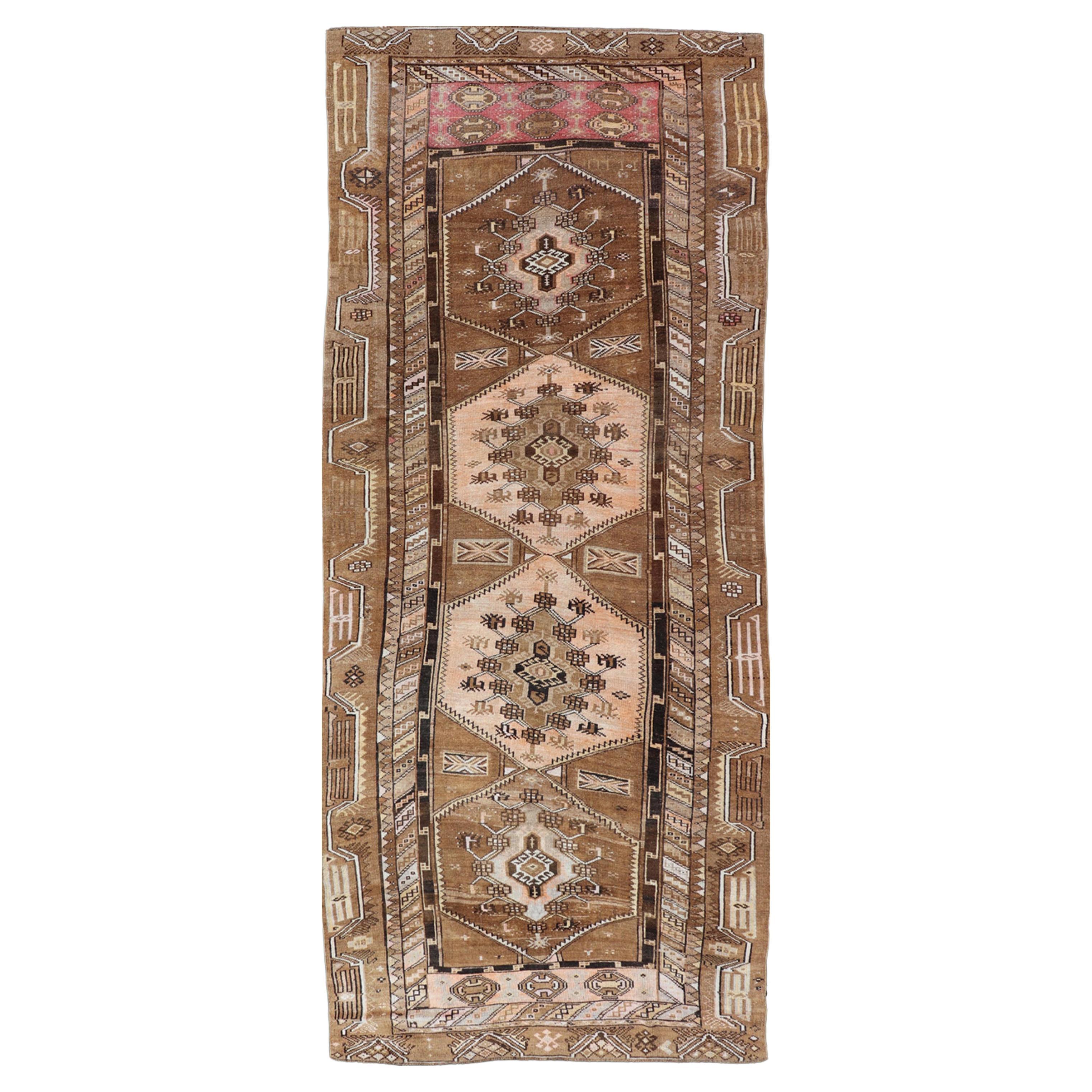 Vintage Hand-Knotted Turkish Kars Galley Rug in Wool with Medallion Design For Sale