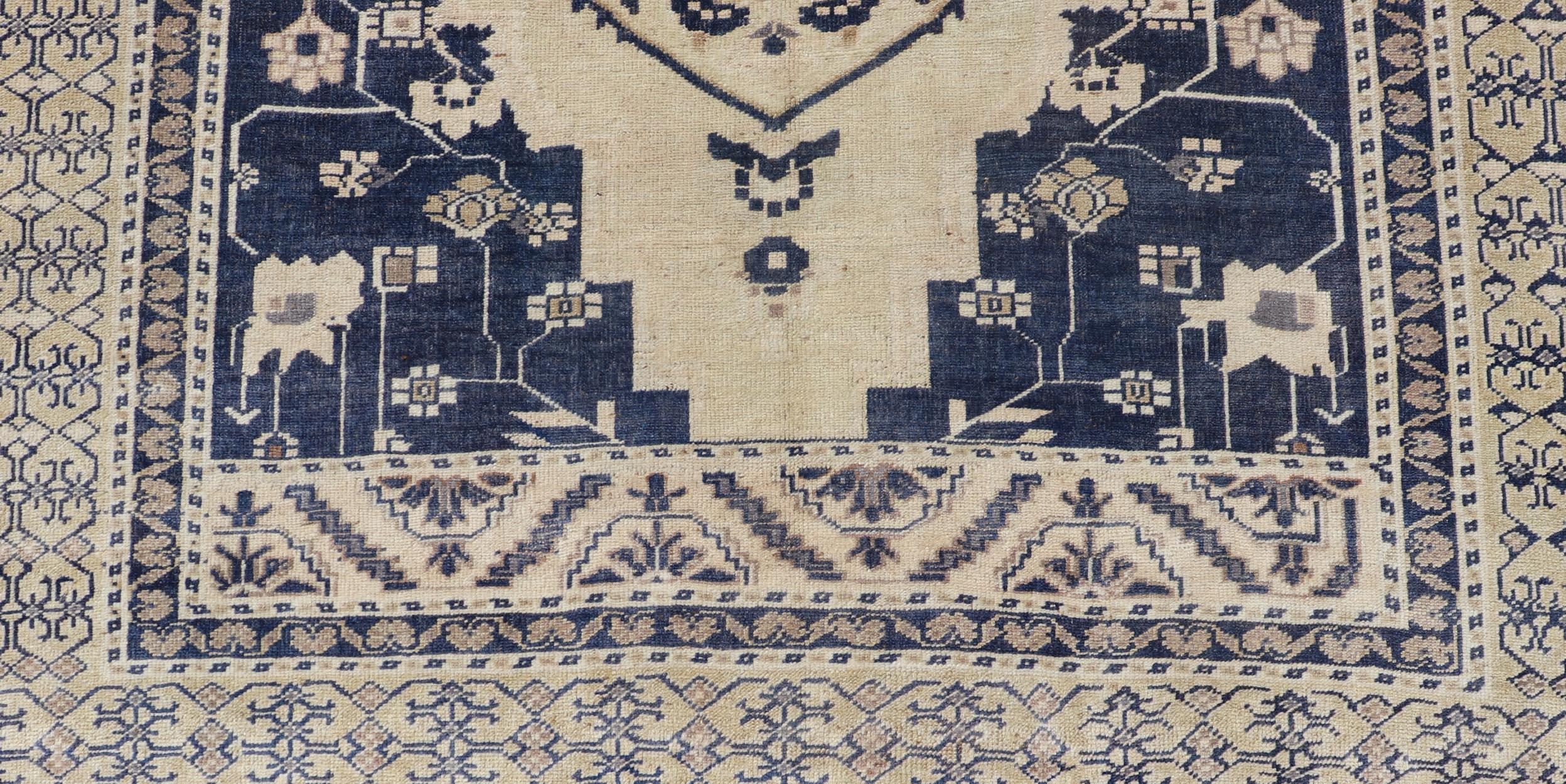 Vintage Hand-Knotted Turkish Oushak in Wool with Sub-Geometric Medallion Design For Sale 1
