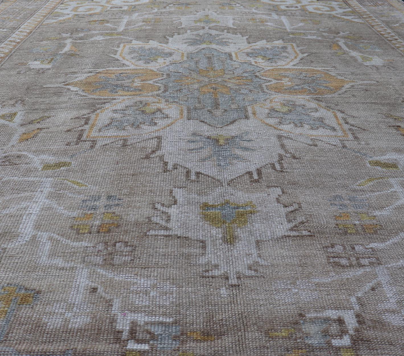 Hand-Knotted Vintage Hand Knotted Turkish Oushak Kars in Earthy Tones and Yellow Colors For Sale