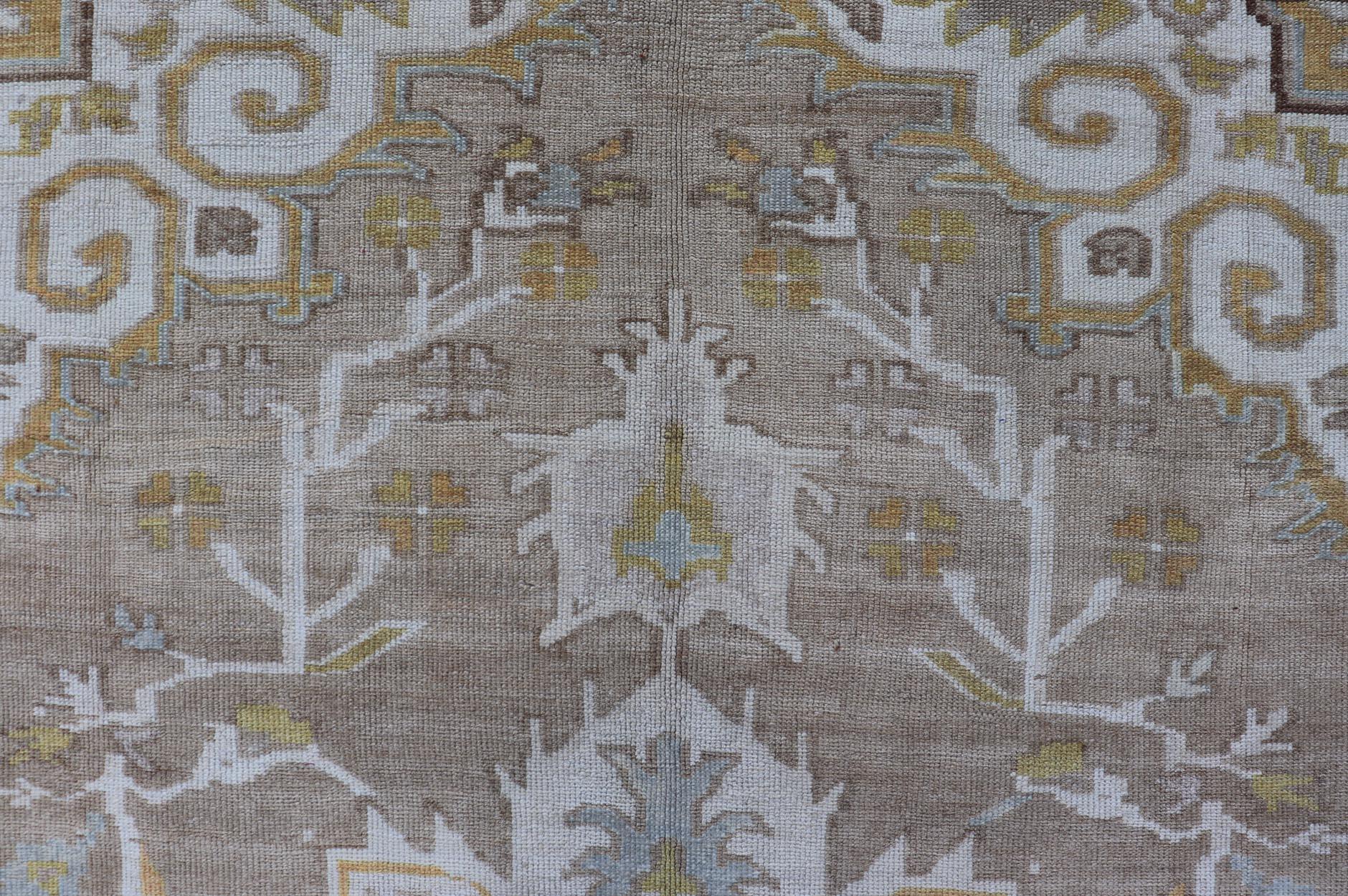 Vintage Hand Knotted Turkish Oushak Kars in Earthy Tones and Yellow Colors For Sale 1
