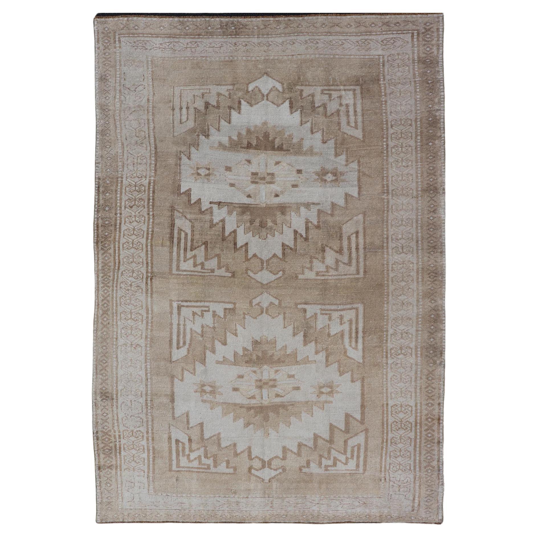 Vintage Hand Knotted Turkish Oushak Kars in Muted Tones & Neutral Colors