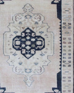Vintage Hand Knotted Turkish Oushak Rug with Central Medallion in Blue and Cream