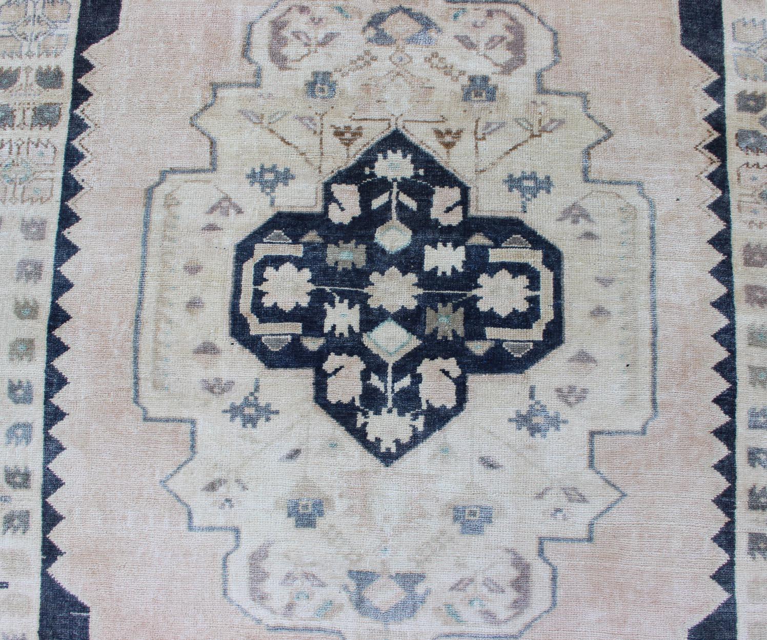 Vintage Hand Knotted Turkish Oushak Rug with Central Medallion in Blue and Cream For Sale 2