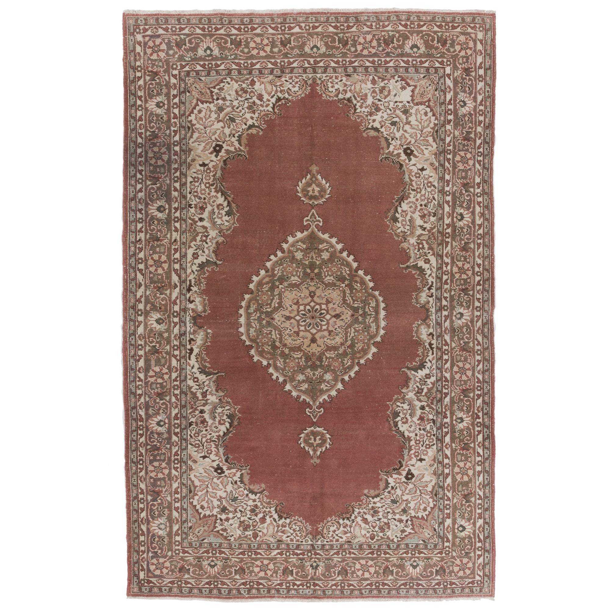 Vintage Handknotted Turkish Tulu Wool Rug in Ivory and Brown For Sale