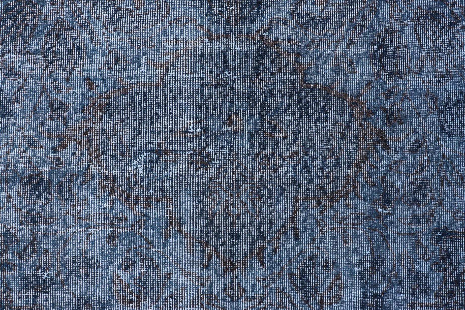 Hand-Knotted Vintage Hand Knotted Turkish Overdyed Oushak Rug in Dark Blue and Charcoal For Sale
