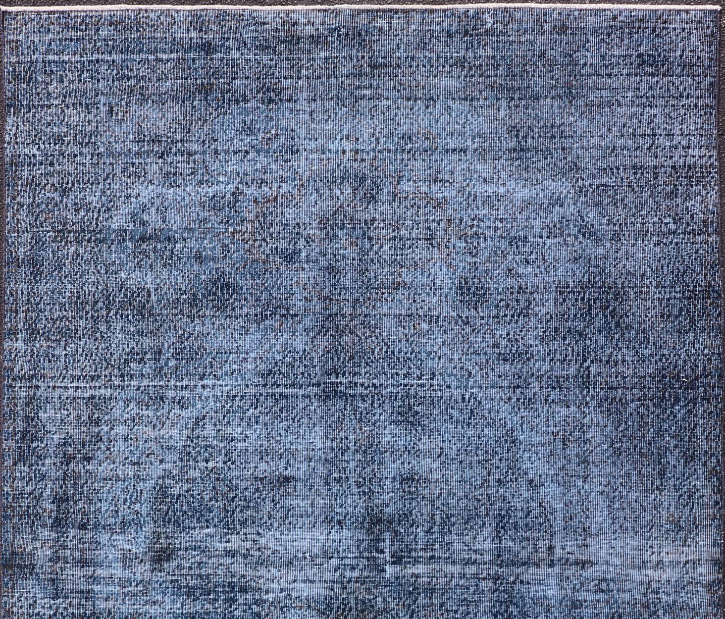 Vintage Hand Knotted Turkish Overdyed Oushak Rug in Dark Blue and Charcoal In Fair Condition For Sale In Atlanta, GA