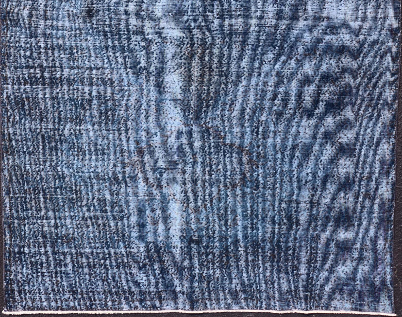 Wool Vintage Hand Knotted Turkish Overdyed Oushak Rug in Dark Blue and Charcoal For Sale